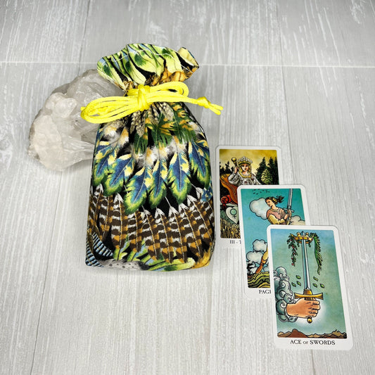 Mini Feather Tarot Deck Bag, Drawstring Pouch, Pocket Tarot, Dice Rune Crystal Bag, Witchcraft & Wiccan Supplies Gift, Divination Tools