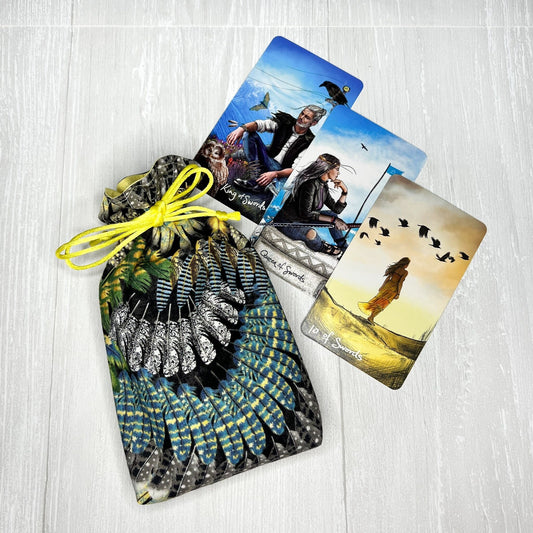 Feather Tarot Bag, Yellow Lined Drawstring Pouch, Tarot Deck Storage Holder, Pagan Witchcraft Wiccan Divination Tools Gifts & Supplies