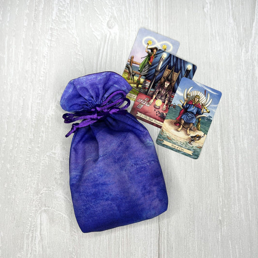 Mini Blue & Purple Tarot Deck Bag, Drawstring Pouch, Pocket Tarot, Dice Rune Crystal Bag, Witchcraft Wiccan Supplies Gift, Divination Tools