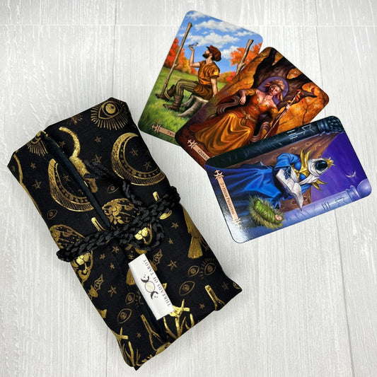Witchy Tarot Wrap, Black & Gold Tarot Deck Storage Cloth, Tarot Card Holder, Pagan Witchcraft Wiccan Divination Supplies, Tarot Accessories