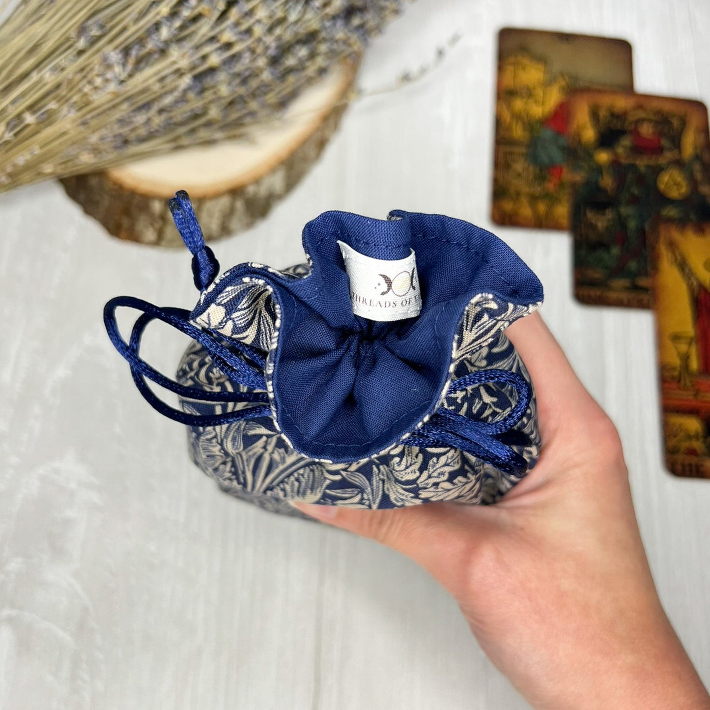 Navy Floral Tarot Bag, William Morris Drawstring Pouch, Tarot Deck Storage Holder, Pagan Witchcraft Wiccan Divination Tool Gifts & Supplies