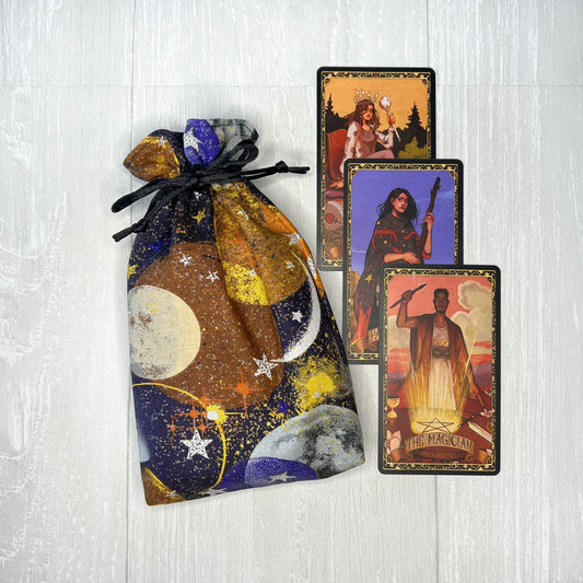 Celestial Tarot Bag, Drawstring Pouch, Tarot Deck Storage Holder, Standard Tarot, Moons Planet Witchcraft Wiccan Divination Gifts & Supplies