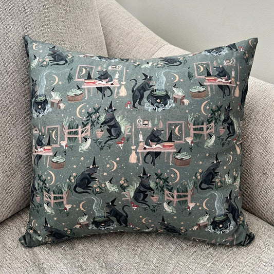 Witchy Throw Pillow, Witchy Black Cat Pillow Case & Insert, Halloween Home Decor, 18x18 Handmade Pillow Cover