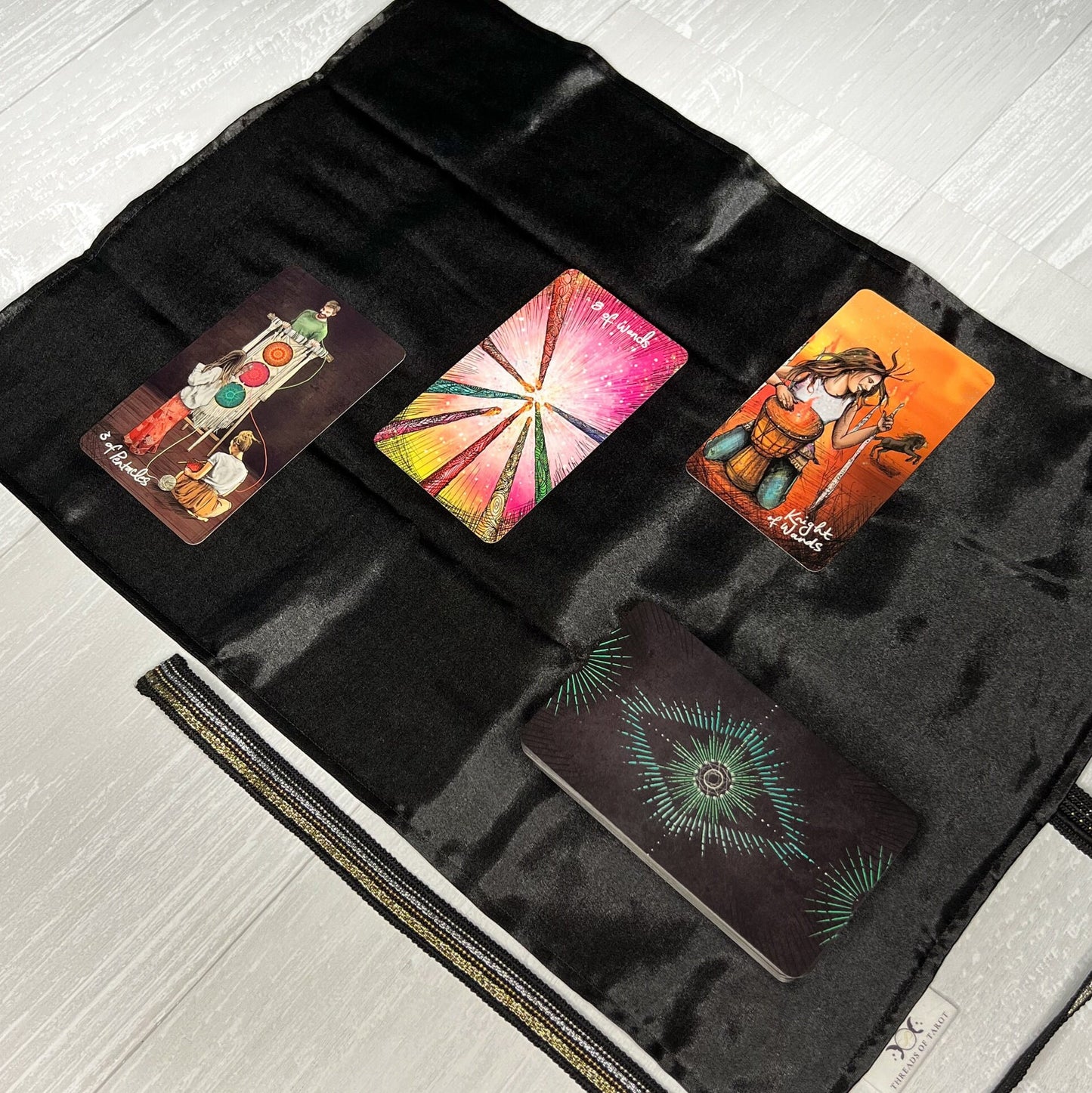 Black Gold & Silver Satin Tarot Wrap, Tarot Deck Storage Cloth, Tarot Card Holder, Pagan Witchcraft Wiccan Divination Supplies Accessories