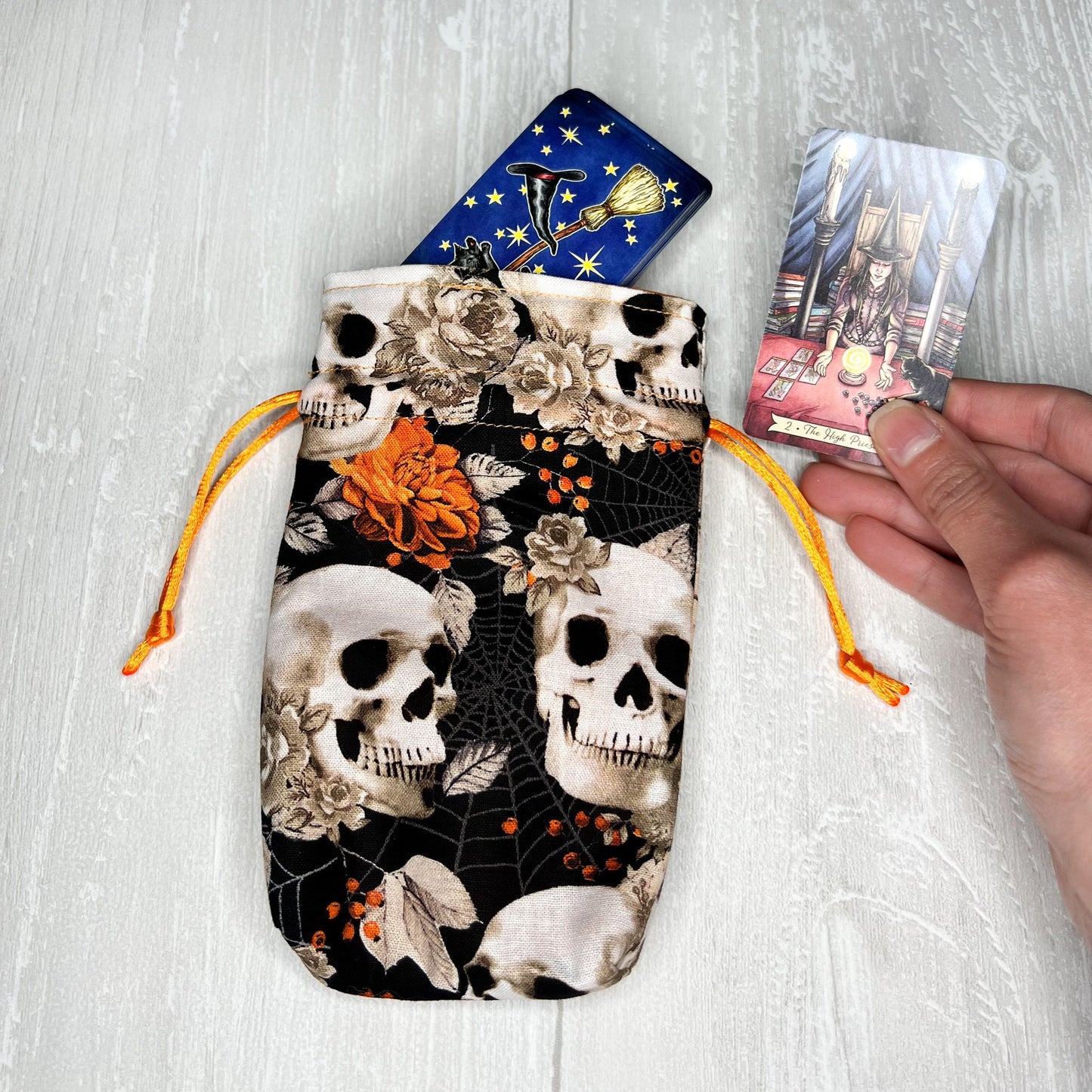 Mini Orange Skulls Tarot Deck Bag, Pocket Tarot Drawstring Pouch, Dice Rune Crystal Bag, Witchcraft Pagan Supplies Gifts, Divination Tools