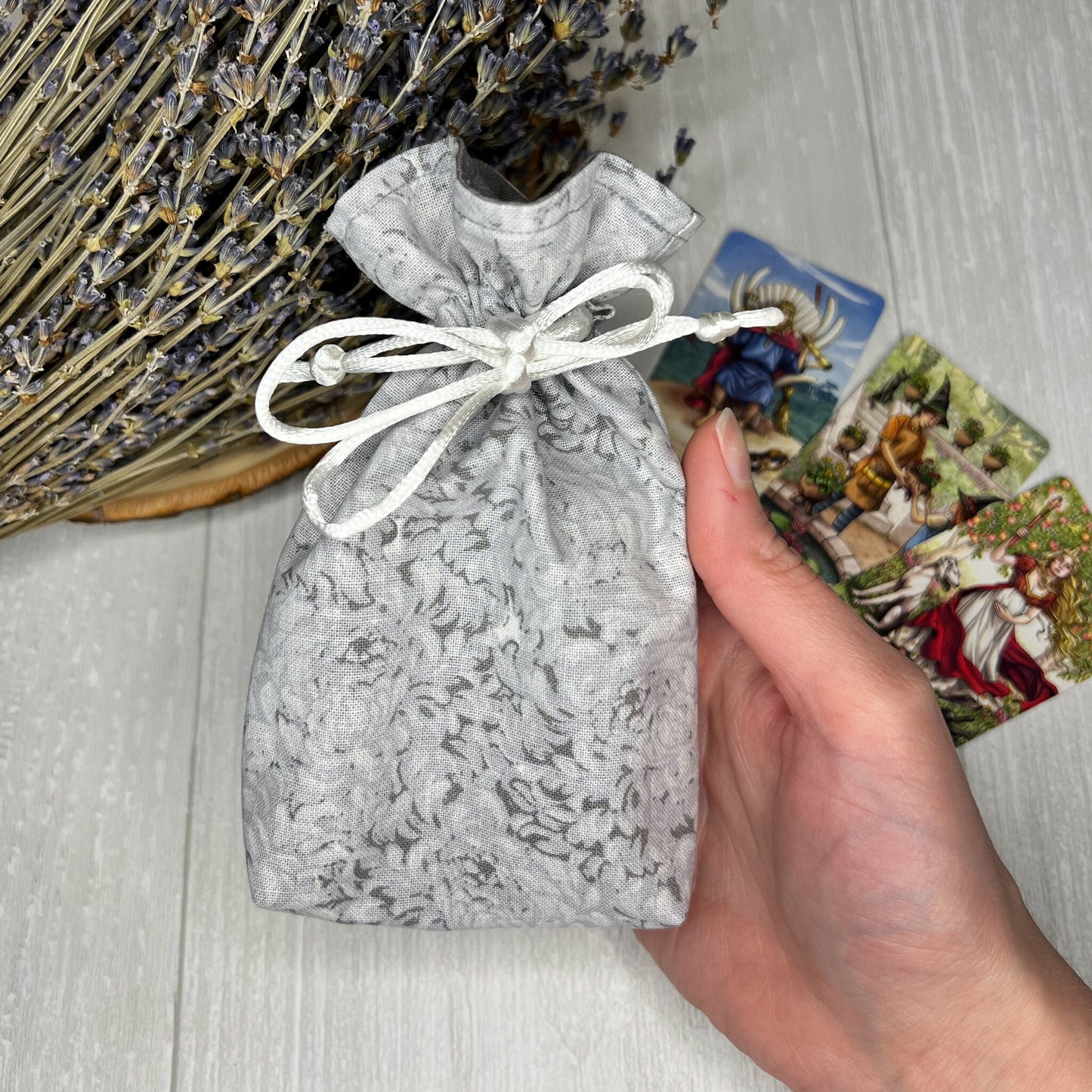 Mini Sized Gray Floral Drawstring Bag