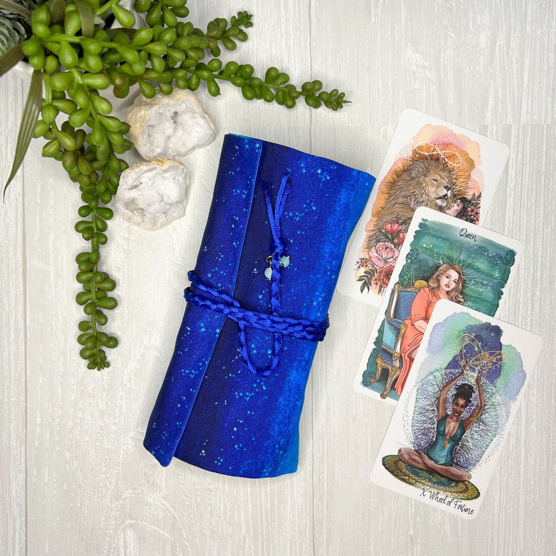 Blue Tarot Wrap w/ Charm Beads, Tarot Fold Over Pouch, Tarot Supplies & Accessories, Tarot Card Holder, Divination Tools, Tarot Reader Gift