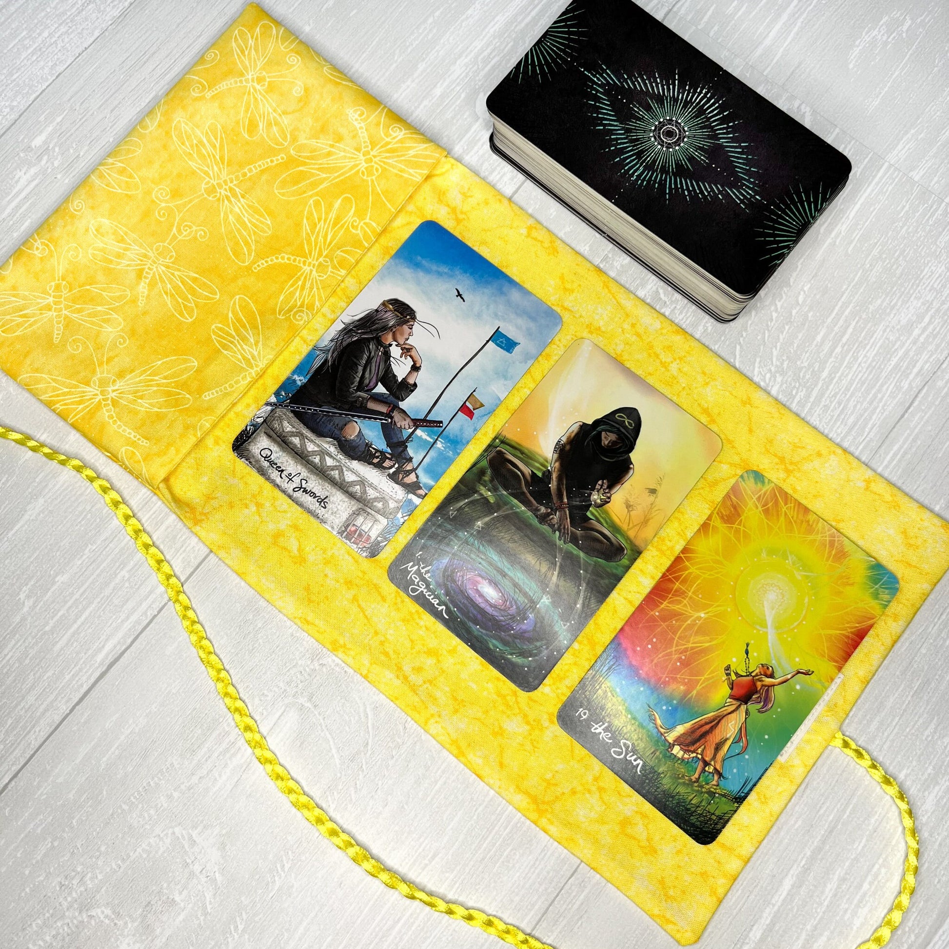 Yellow Dragonfly Tarot Wrap, Tarot Fold Over Pouch, Tarot Supplies & Accessories, Tarot Card Holder, Divination Tools, Tarot Reader Gift