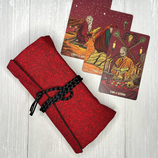 Red Floral Tarot Wrap Pouch, Tarot Deck Pouch, Tarot Altar Supplies & Accessories, Tarot Card Holder, Divination Pagan Tarot Reader Gift