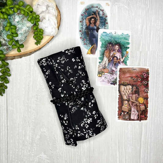 Black Floral Tarot Deck Wrap Pouch, Tarot Pouch, Tarot Altar Supplies & Accessories, Tarot Card Holder, Divination Pagan Tarot Reader Gift