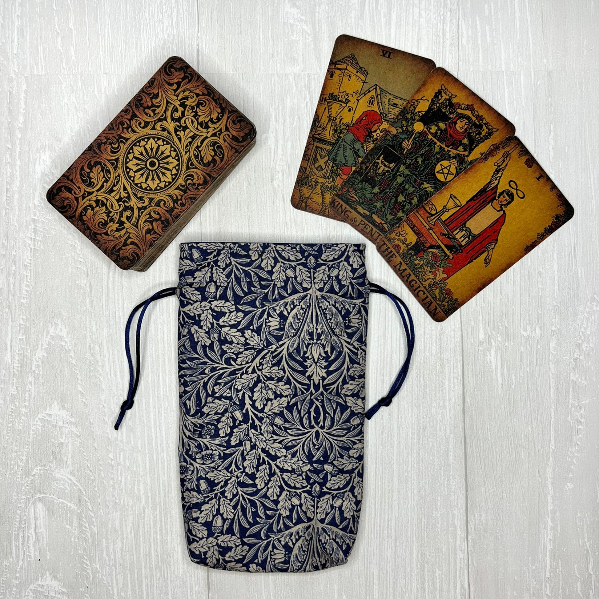 Navy Floral Tarot Bag, William Morris Drawstring Pouch, Tarot Deck Storage Holder, Pagan Witchcraft Wiccan Divination Tool Gifts & Supplies