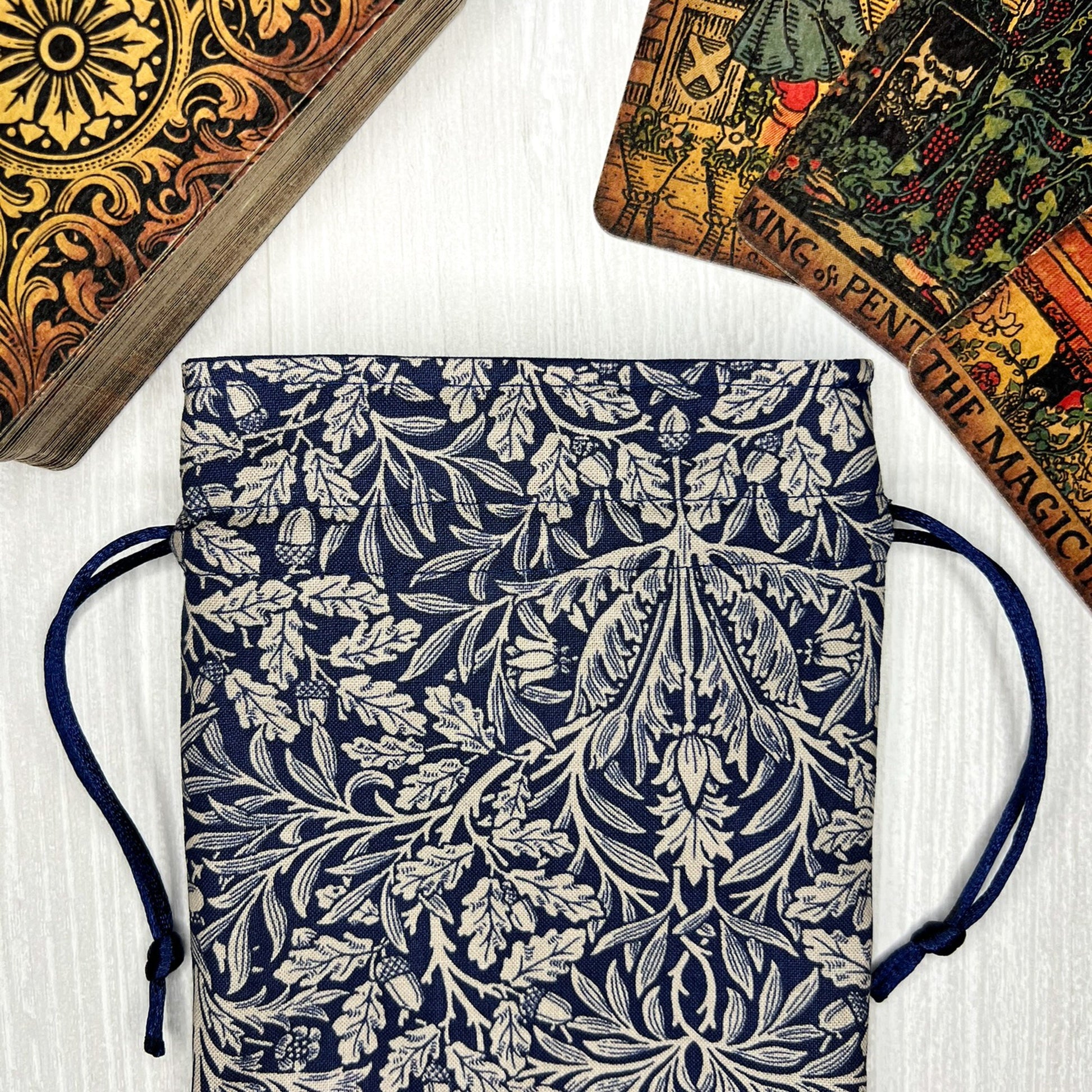 Navy Floral Tarot Bag, William Morris Drawstring Pouch, Tarot Deck Storage Holder, Pagan Witchcraft Wiccan Divination Tool Gifts & Supplies