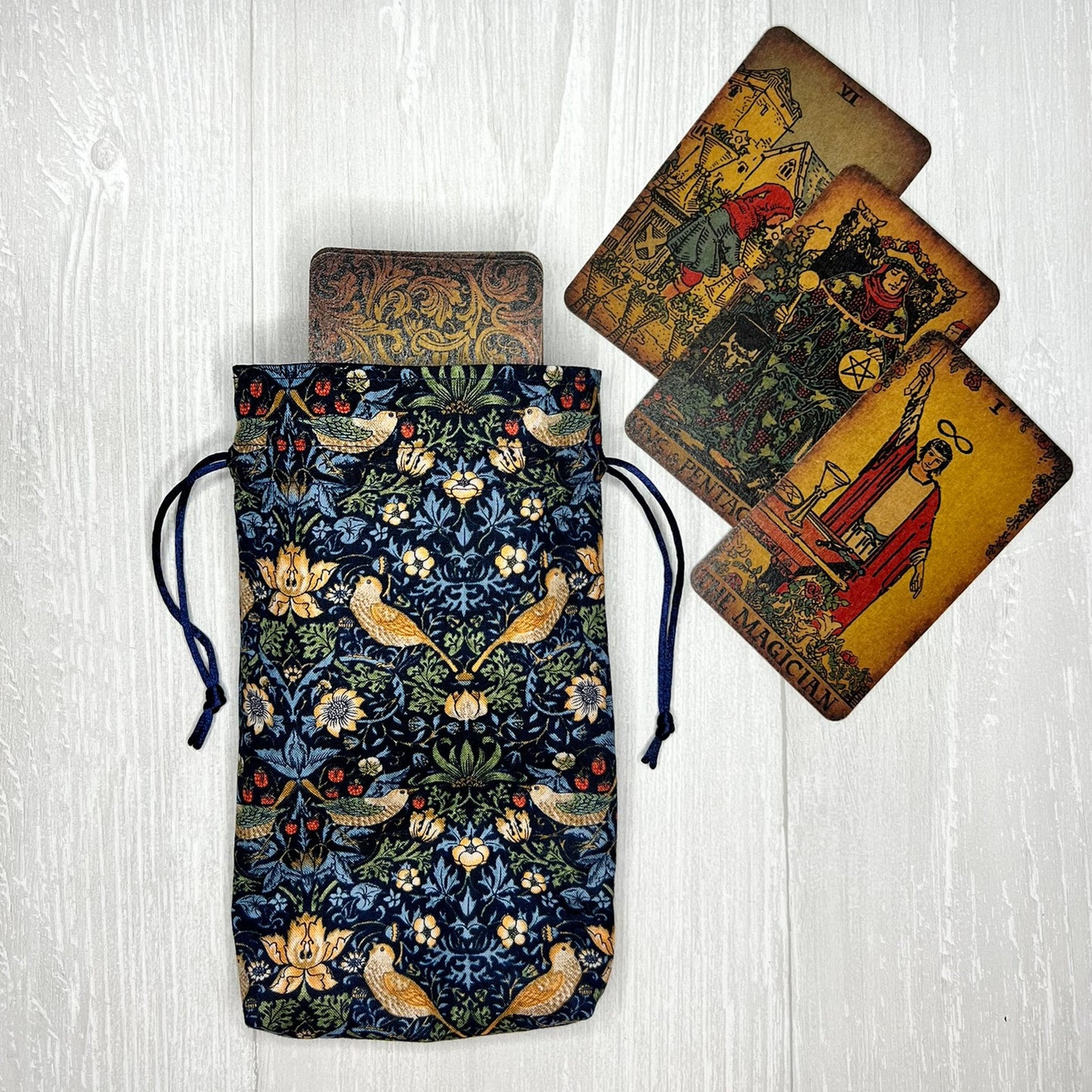 Floral & Bird Tarot Bag, William Morris Drawstring Pouch, Tarot Deck Storage Holder, Pagan Witchcraft Wiccan Divination Tool Gifts Supplies