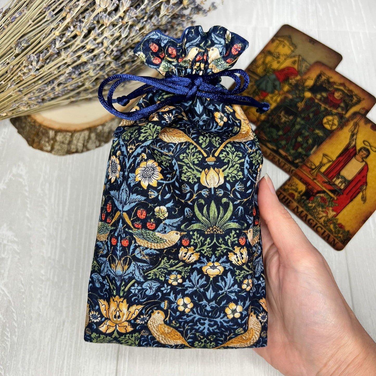 Floral & Bird Tarot Bag, William Morris Drawstring Pouch, Tarot Deck Storage Holder, Pagan Witchcraft Wiccan Divination Tool Gifts Supplies