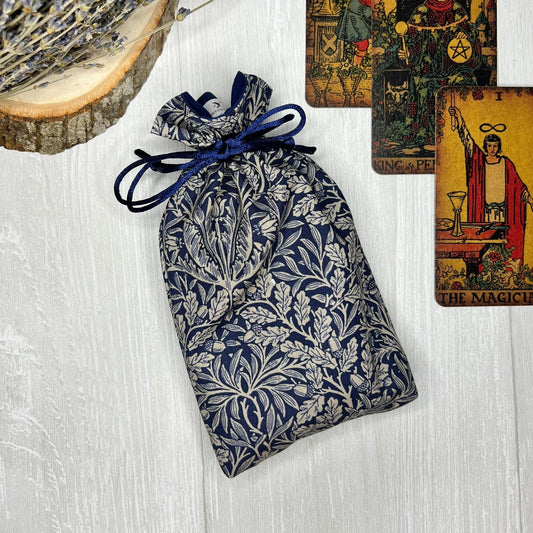 Navy Floral Tarot Bag, William Morris Drawstring Pouch, Tarot Deck Storage Holder, Pagan Witchcraft Wiccan Divination Tool Gifts & Supplies