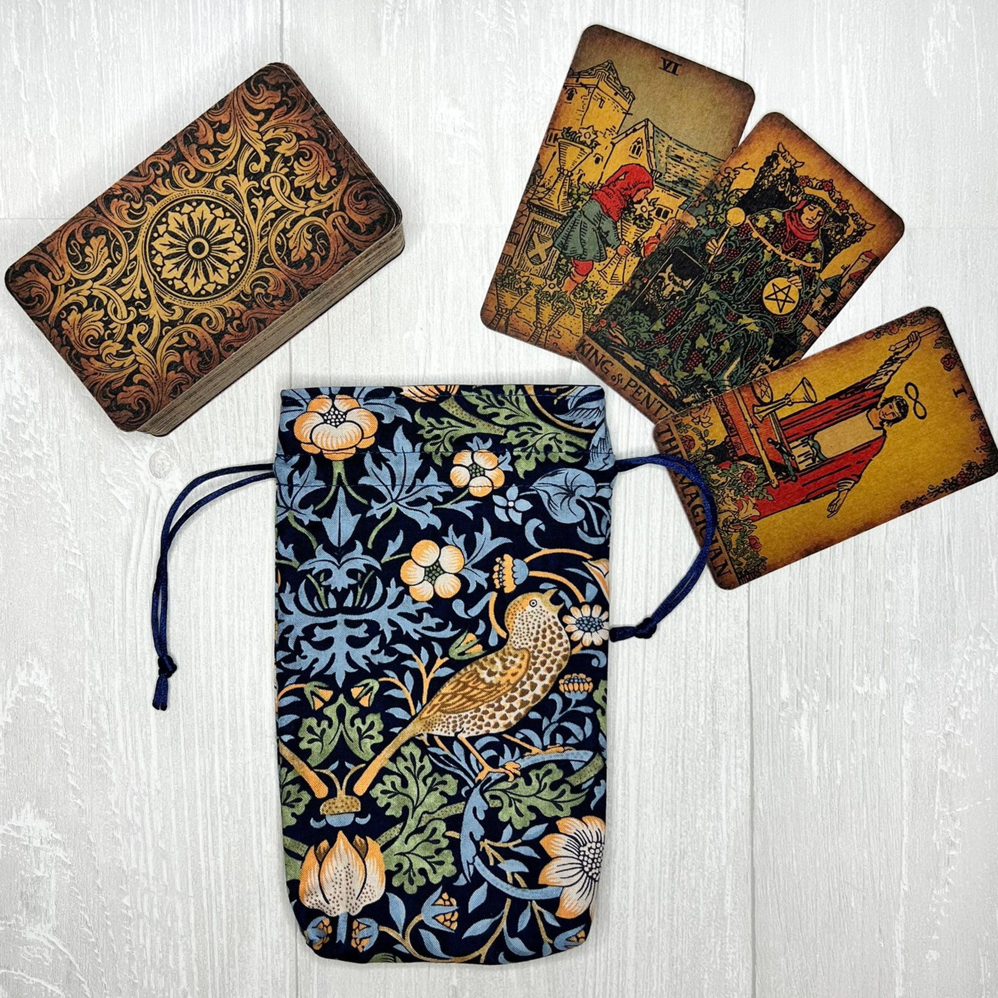 Floral & Bird Tarot Bag, William Morris Drawstring Pouch, Tarot Deck Storage Holder, Pagan Witchcraft Wiccan Divination Tool Gifts Supplies