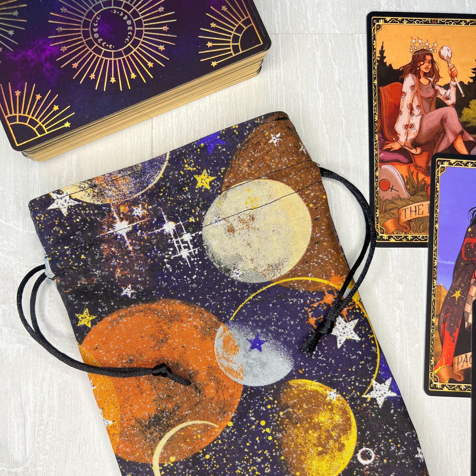 Celestial Tarot Bag, Drawstring Pouch, Tarot Deck Storage Holder, Standard Tarot, Moons Planet Witchcraft Wiccan Divination Gifts & Supplies