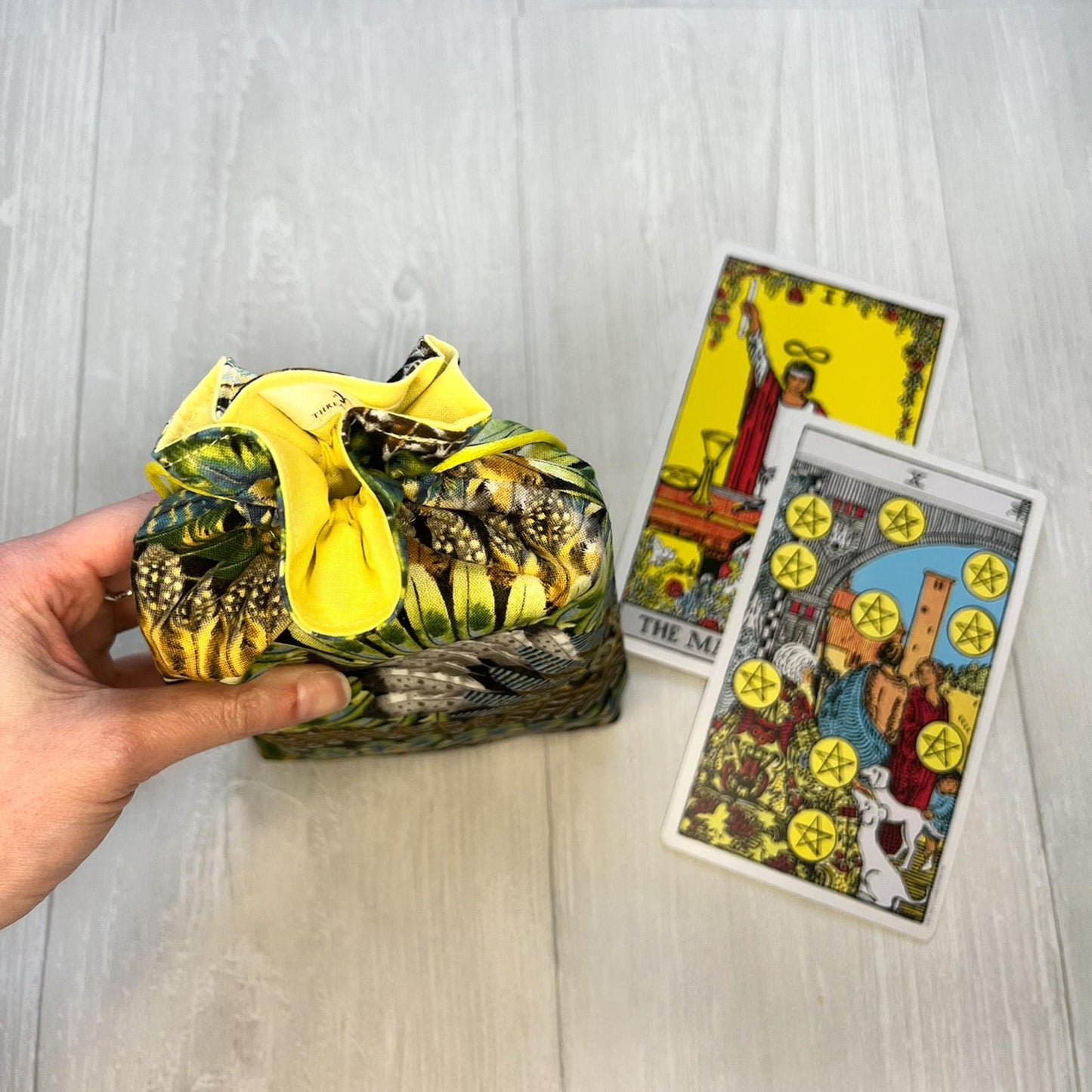 Large Feather Tarot Bag, Yellow Lined Drawstring Pouch, Tarot Deck Storage Holder, Pagan Witchcraft Wiccan Divination Tools Gifts & Supplies