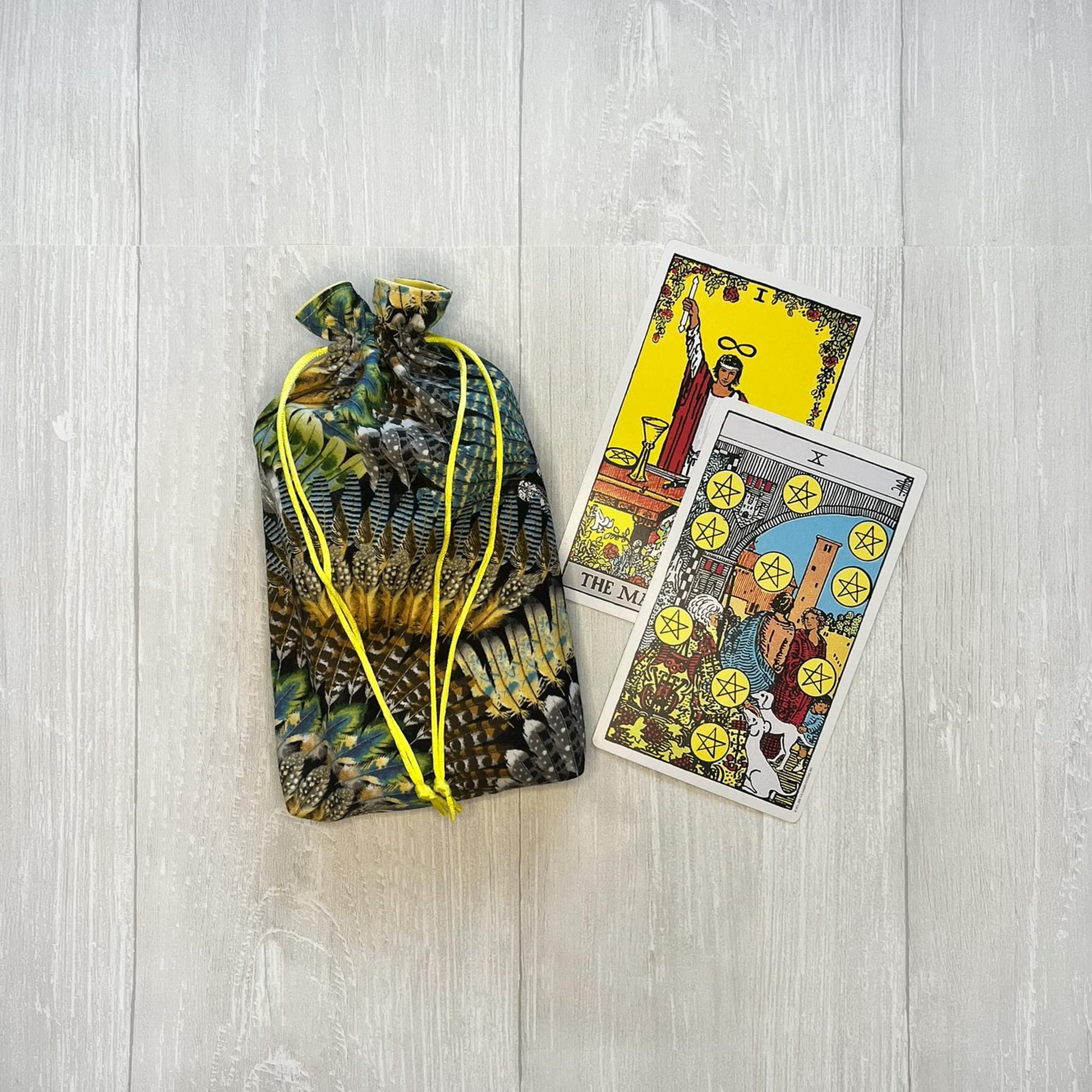 Large Feather Tarot Bag, Yellow Lined Drawstring Pouch, Tarot Deck Storage Holder, Pagan Witchcraft Wiccan Divination Tools Gifts & Supplies