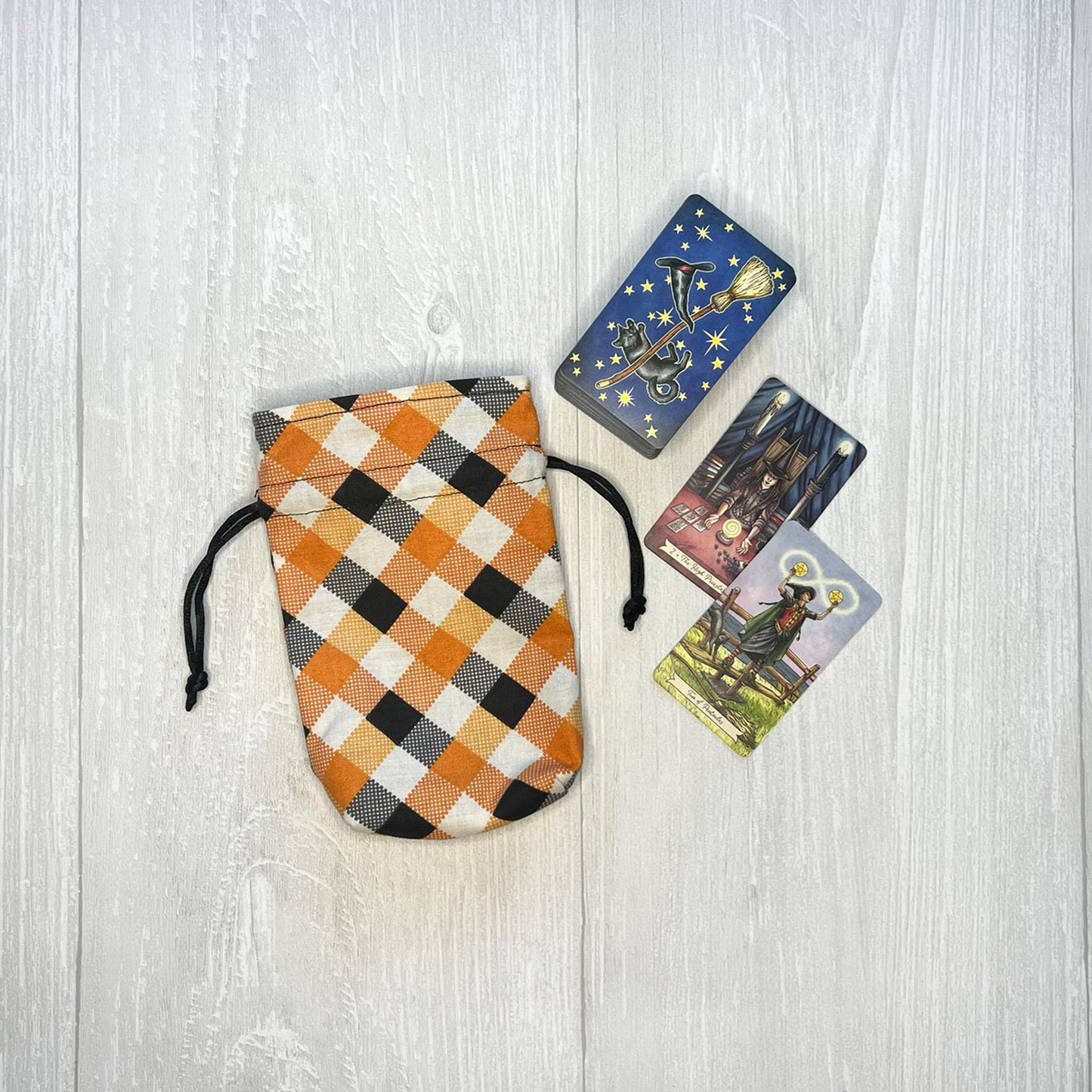 Mini Checkered Tarot Deck Bag, Drawstring Pouch, Pocket Tarot, Dice Rune Crystal Bag, Witchcraft & Wiccan Supplies Gift, Divination Tools