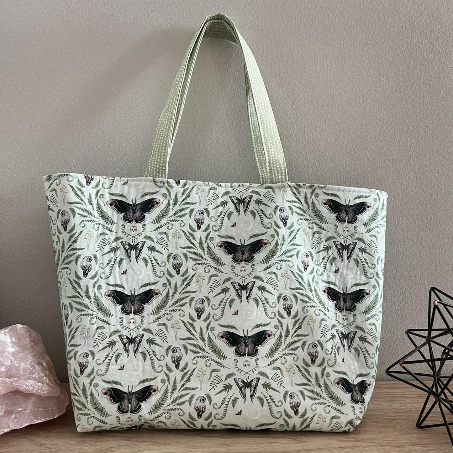 Mint Green Lunar Moth Tote Bag With Pockets, Shoulder Bag, Witchy Tarot Tote Bag, Overnight Tote Bag, Witch Bag