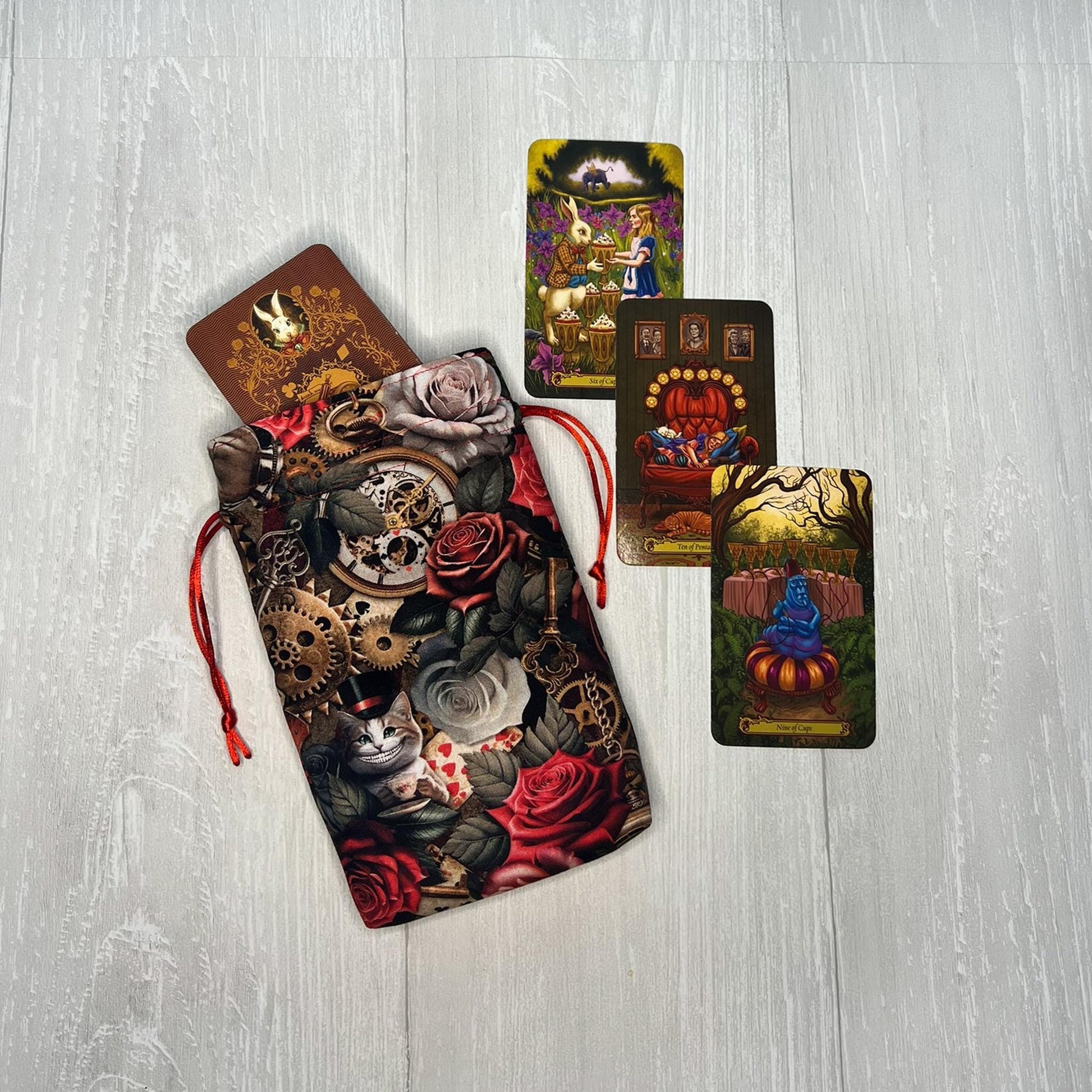 Wonderland Tarot Deck Bag, Alice's Adventures in Wonderland Tarot Bag, Cat White Rabbit Tarot, Red Tarot Pouch