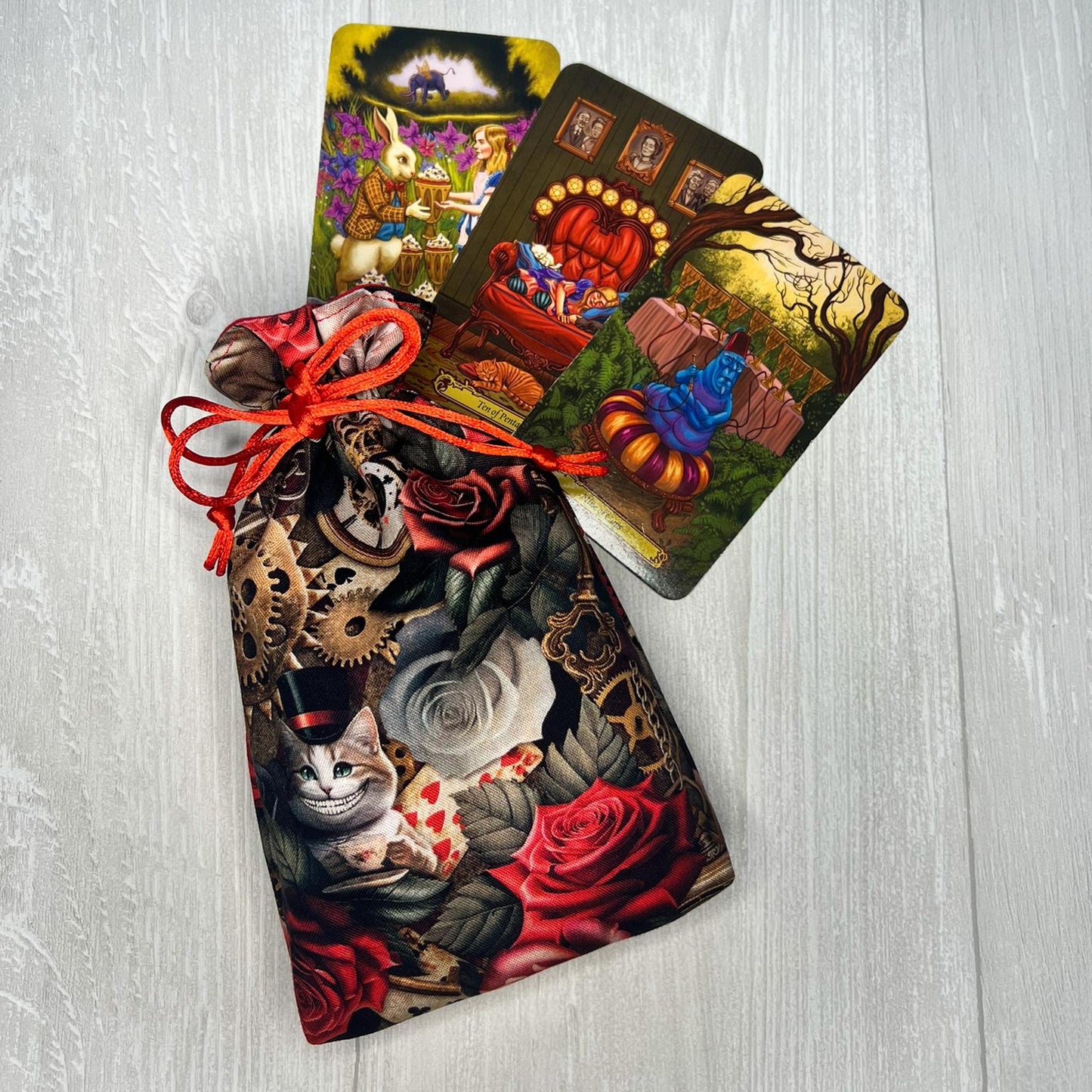 Wonderland Tarot Deck Bag, Alice's Adventures in Wonderland Tarot Bag, Cat White Rabbit Tarot, Red Tarot Pouch