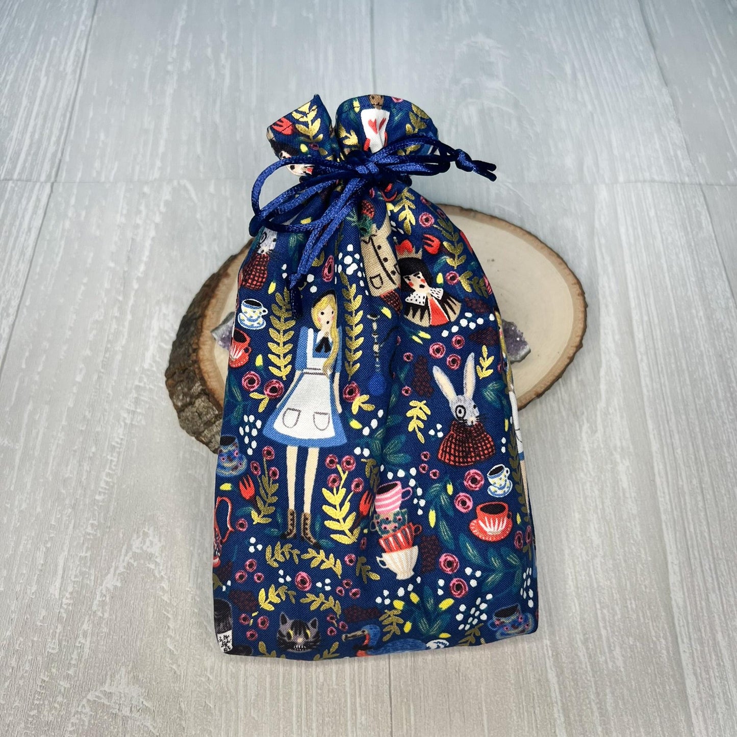 Alice's Adventures in Wonderland Tarot Bag, Wonderland Tarot Deck Bag, Cat White Rabbit Tarot, Navy Blue Tarot Bag