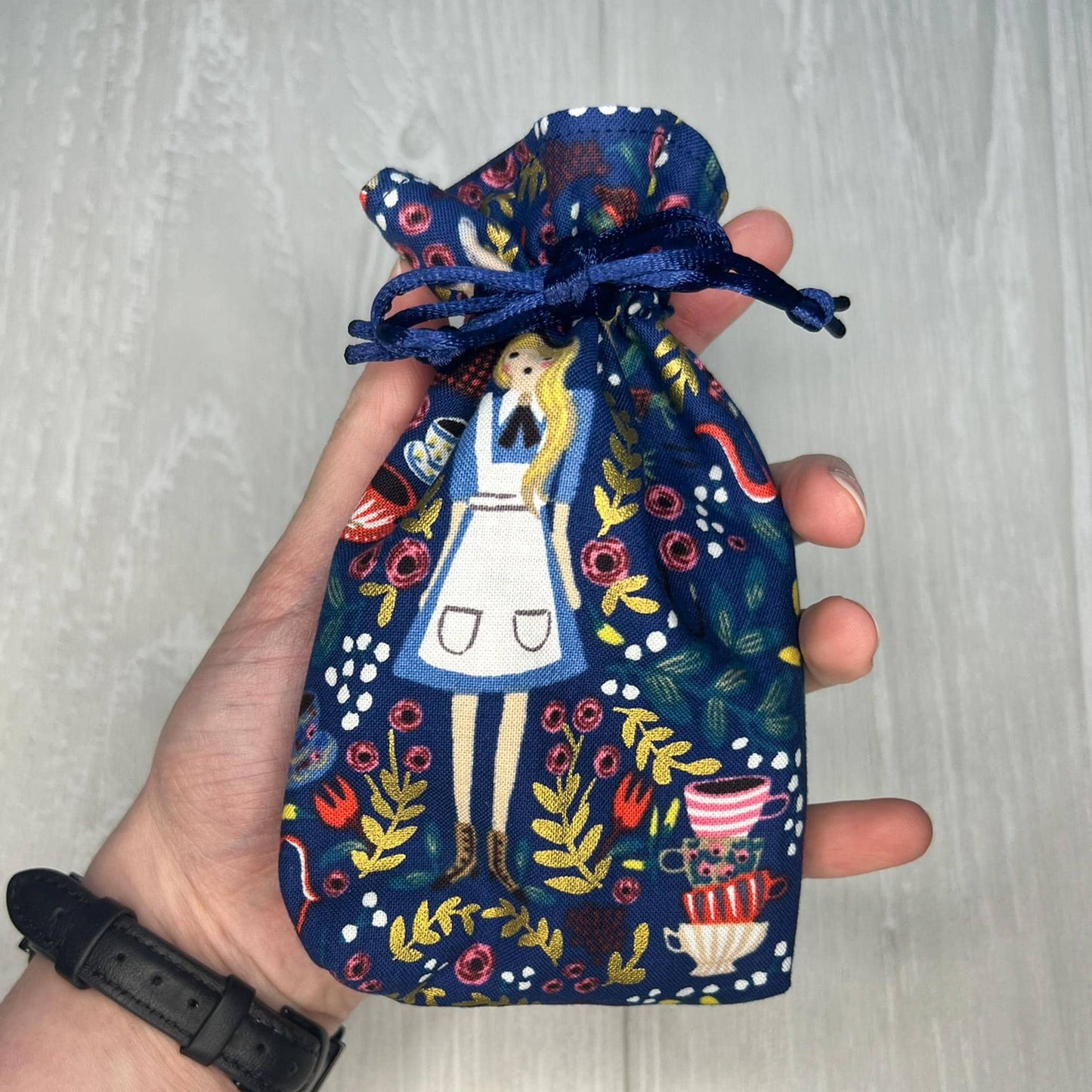 Mini Alice's Adventures in Wonderland Tarot Bag, Wonderland Tarot Deck Bag, Cat White Rabbit Pocket Tarot Bag, Navy Blue Trinket Dice Bag