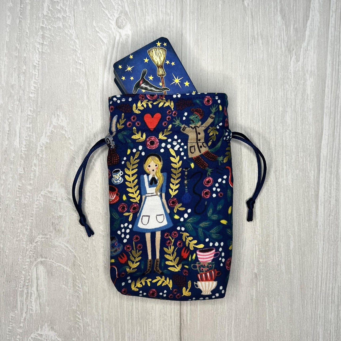 Mini Alice's Adventures in Wonderland Tarot Bag, Wonderland Tarot Deck Bag, Cat White Rabbit Pocket Tarot Bag, Navy Blue Trinket Dice Bag