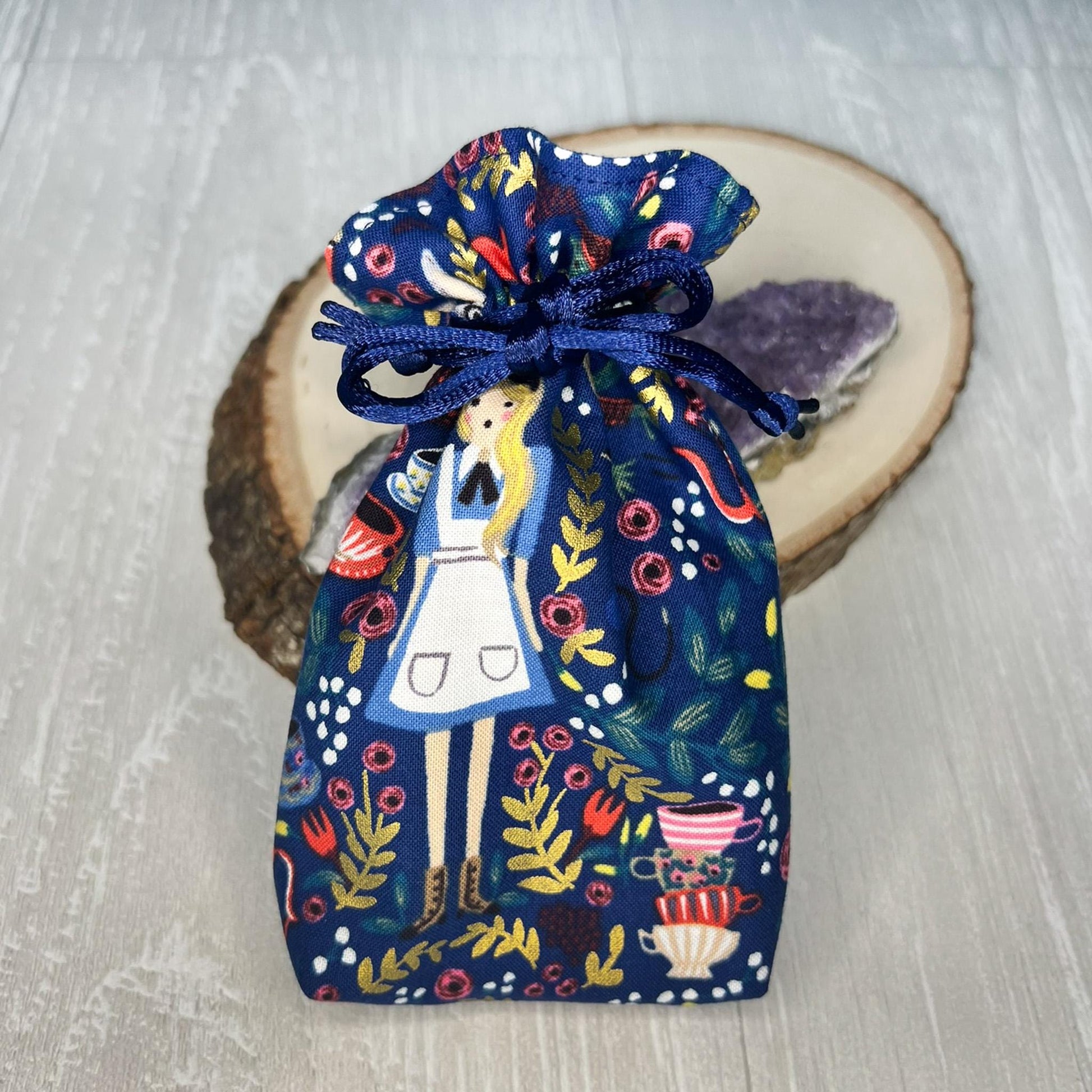 Mini Alice's Adventures in Wonderland Tarot Bag, Wonderland Tarot Deck Bag, Cat White Rabbit Pocket Tarot Bag, Navy Blue Trinket Dice Bag
