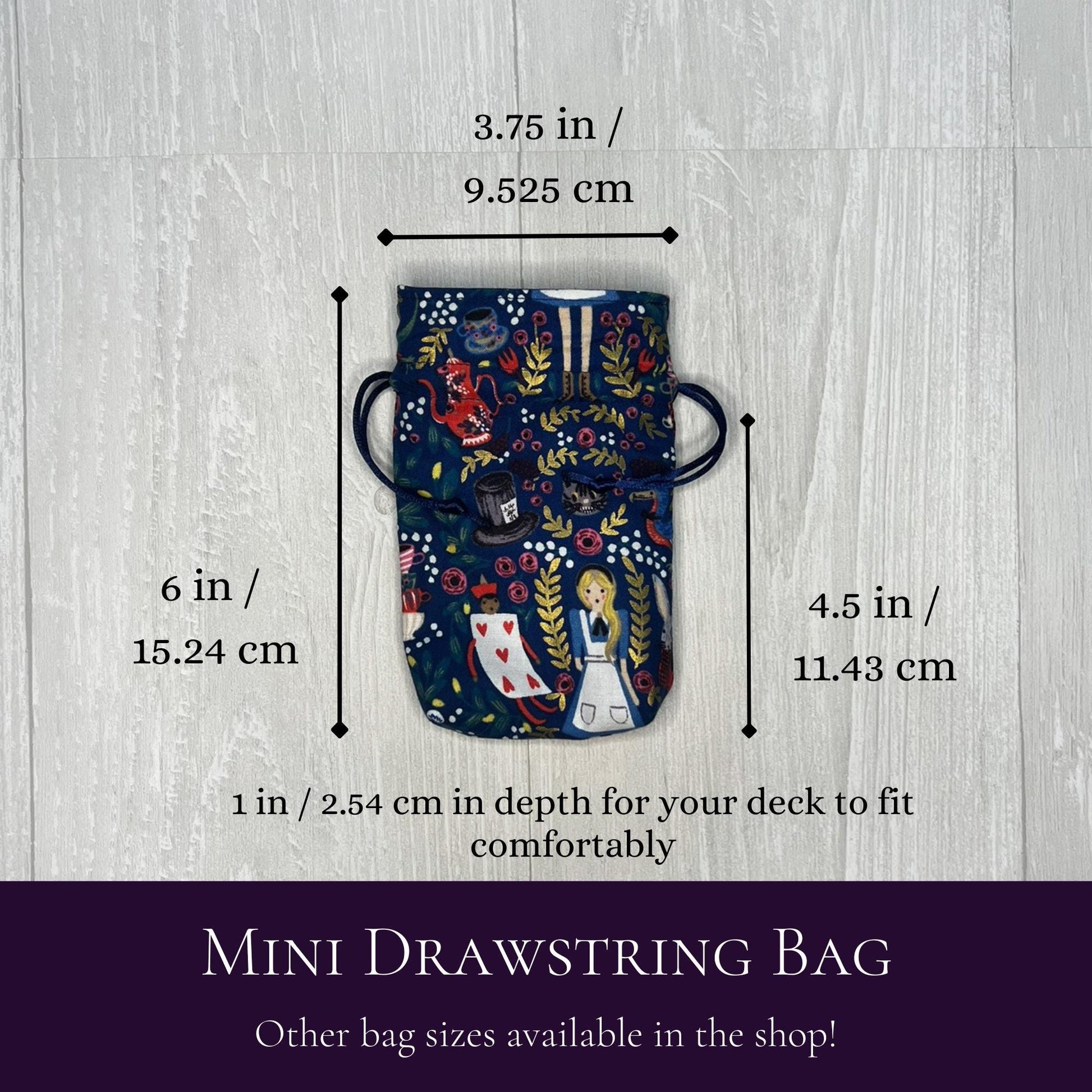 Mini Alice's Adventures in Wonderland Tarot Bag, Wonderland Tarot Deck Bag, Cat White Rabbit Pocket Tarot Bag, Navy Blue Trinket Dice Bag