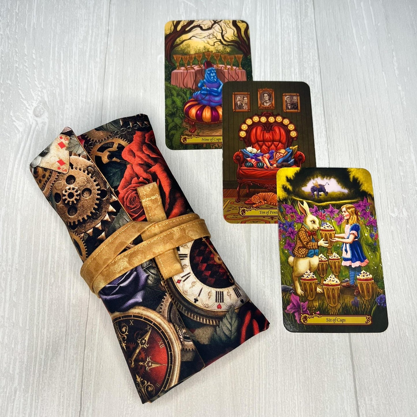Customizable Wonderland Tarot Wrap Pouch, Alice's Adventures in Wonderland Tarot Bag, Cat White Rabbit Tarot Deck Wrap