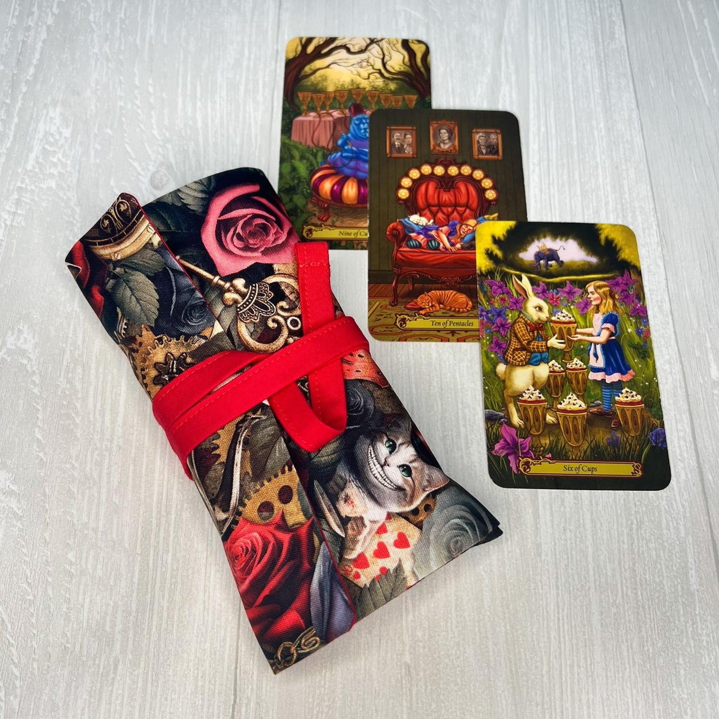 Customizable Wonderland Tarot Wrap Pouch, Alice's Adventures in Wonderland Tarot Bag, Cat White Rabbit Tarot Deck Wrap