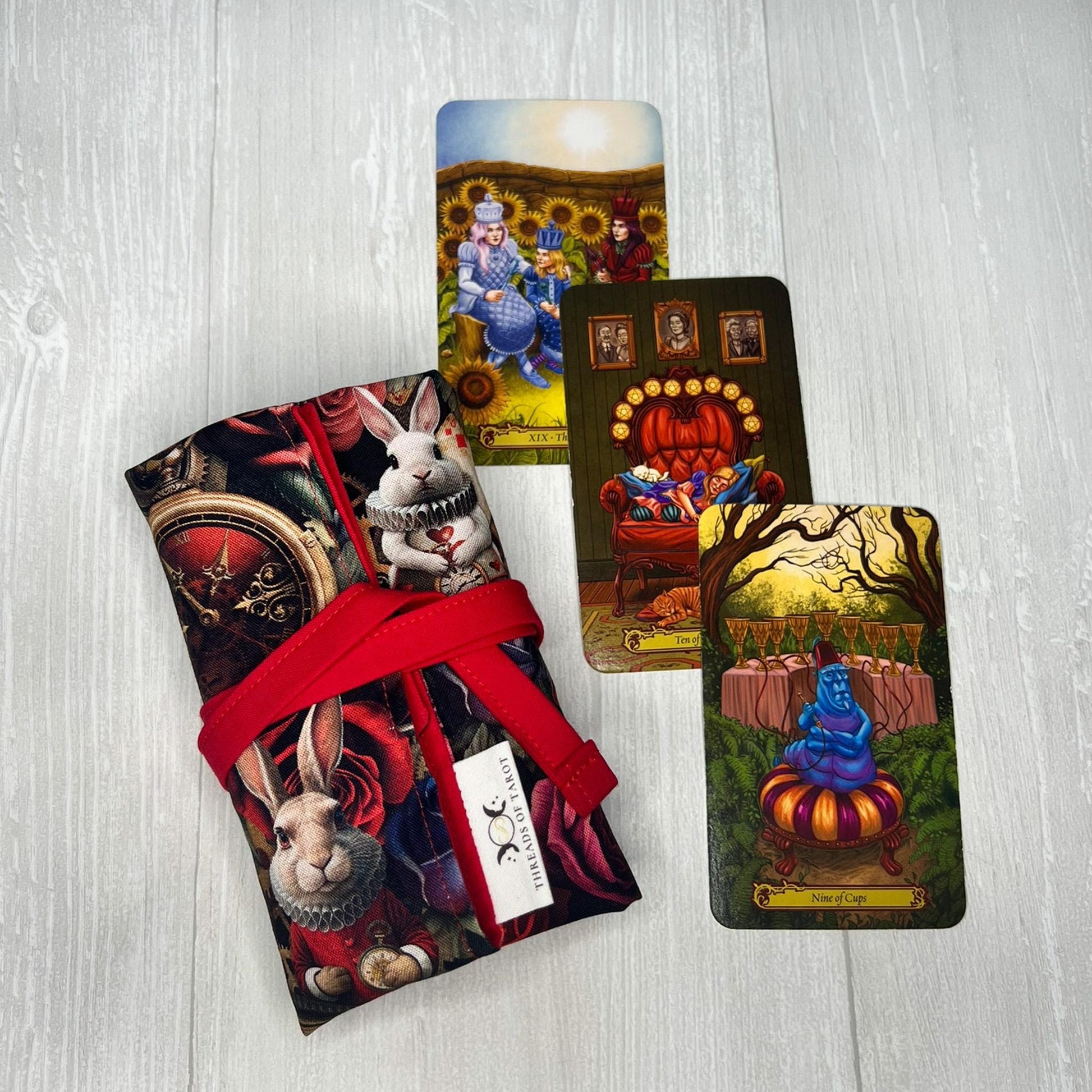 Customizable Wonderland Tarot Wrap, Alice's Adventures in Wonderland Tarot Bag, Cat White Rabbit Tarot Deck Wrap