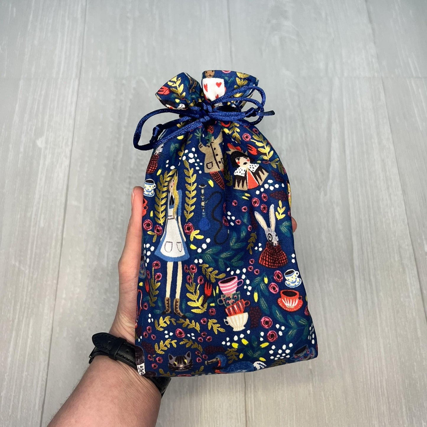 Alice's Adventures in Wonderland Tarot Bag, Wonderland Tarot Deck Bag, Cat White Rabbit Tarot, Navy Blue Tarot Bag