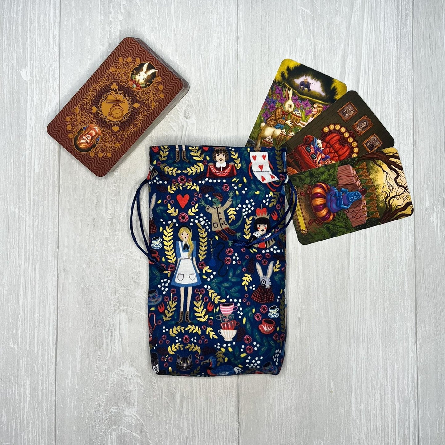 Alice's Adventures in Wonderland Tarot Bag, Wonderland Tarot Deck Bag, Cat White Rabbit Tarot, Navy Blue Tarot Bag