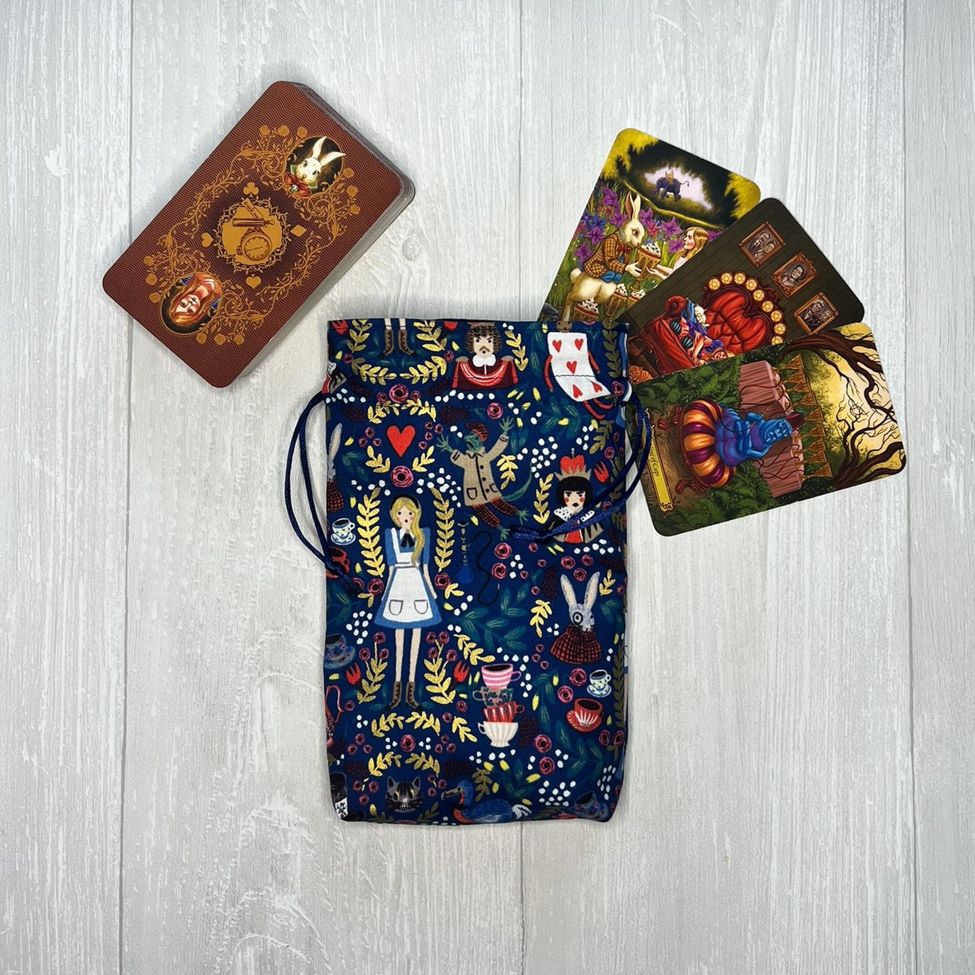 Alice's Adventures in Wonderland Tarot Bag, Wonderland Tarot Deck Bag, Cat White Rabbit Tarot, Navy Blue Tarot Bag