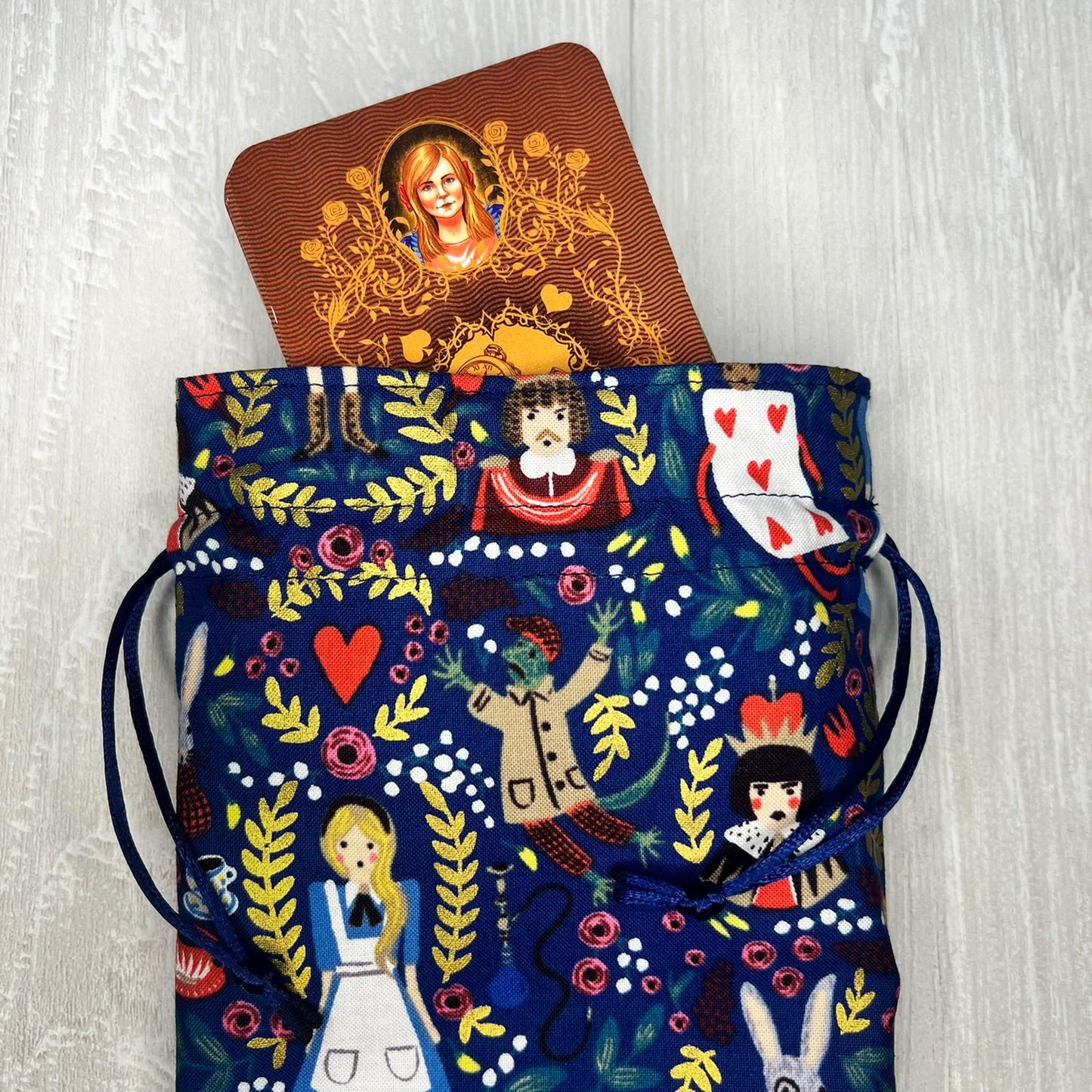 Alice's Adventures in Wonderland Tarot Bag, Wonderland Tarot Deck Bag, Cat White Rabbit Tarot, Navy Blue Tarot Bag