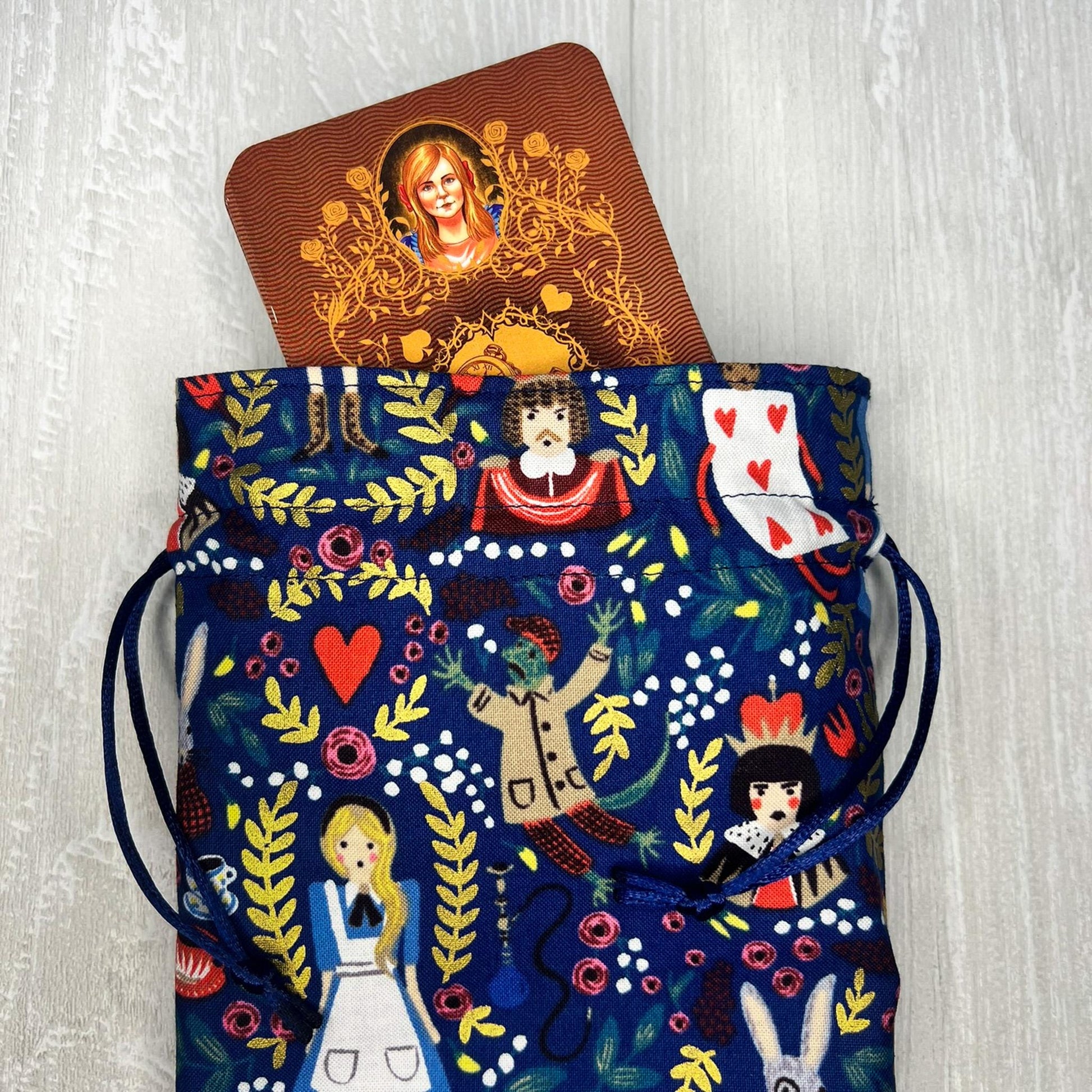 Alice's Adventures in Wonderland Tarot Bag, Wonderland Tarot Deck Bag, Cat White Rabbit Tarot, Navy Blue Tarot Bag