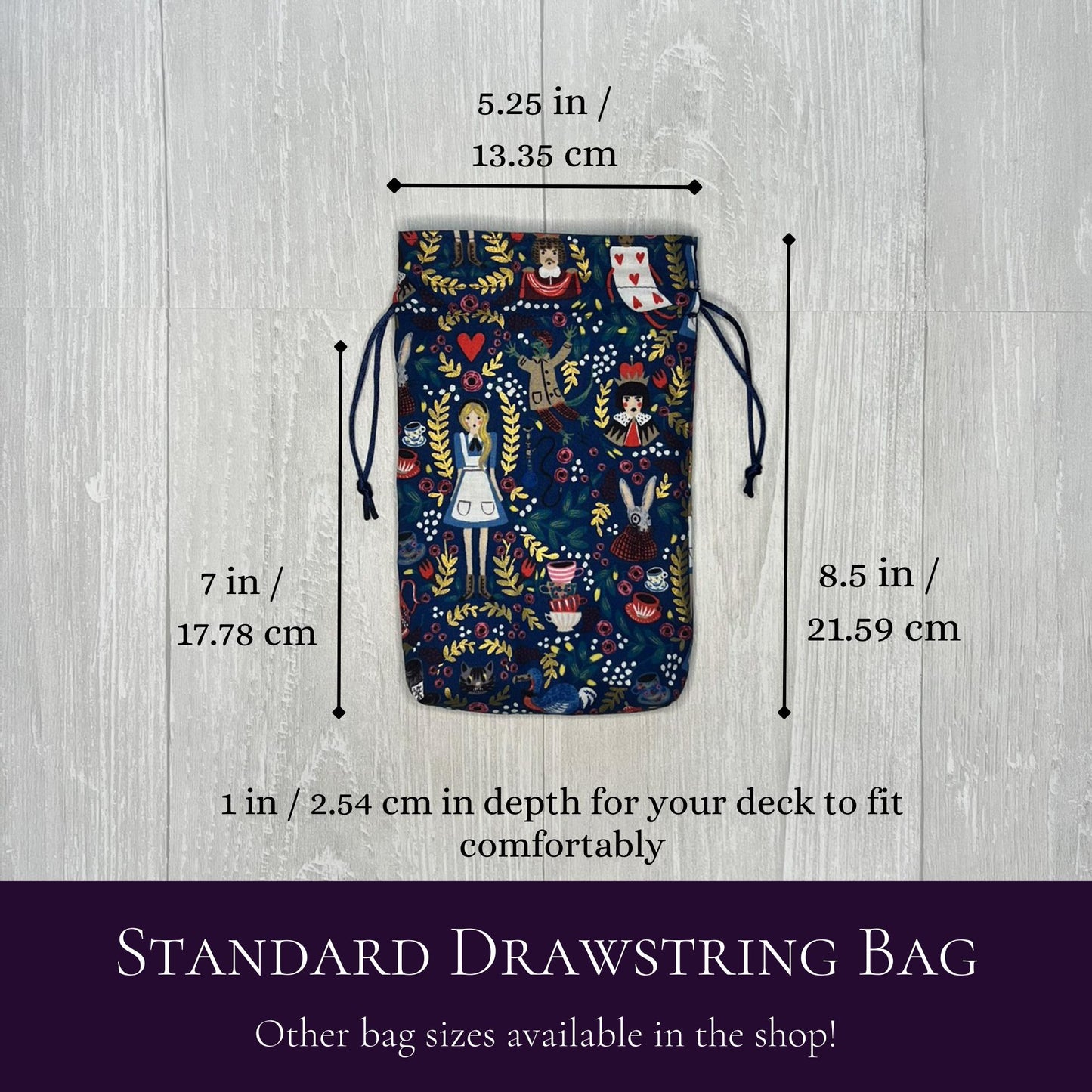 Alice's Adventures in Wonderland Tarot Bag, Wonderland Tarot Deck Bag, Cat White Rabbit Tarot, Navy Blue Tarot Bag