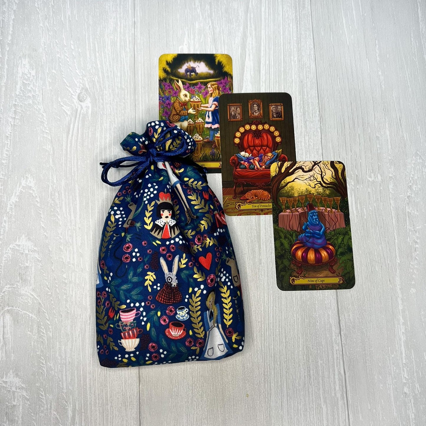 Alice's Adventures in Wonderland Tarot Bag, Wonderland Tarot Deck Bag, Cat White Rabbit Tarot, Navy Blue Tarot Bag