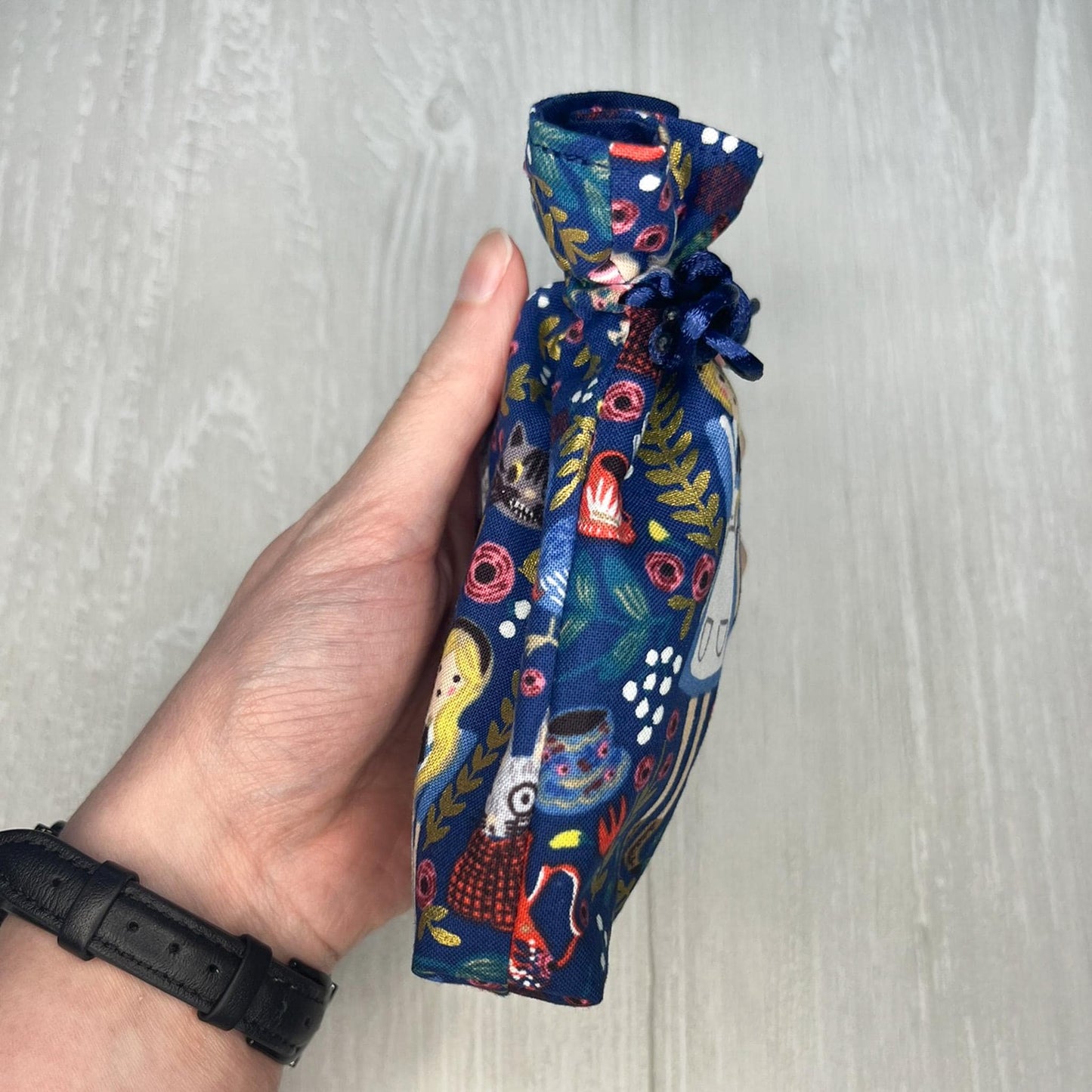 Mini Alice's Adventures in Wonderland Tarot Bag, Wonderland Tarot Deck Bag, Cat White Rabbit Pocket Tarot Bag, Navy Blue Trinket Dice Bag