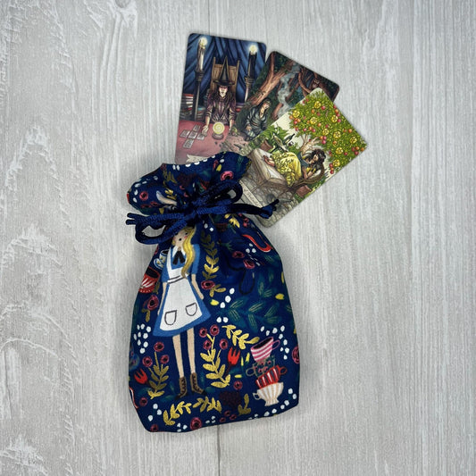 Mini Alice's Adventures in Wonderland Tarot Bag, Wonderland Tarot Deck Bag, Cat White Rabbit Pocket Tarot Bag, Navy Blue Trinket Dice Bag