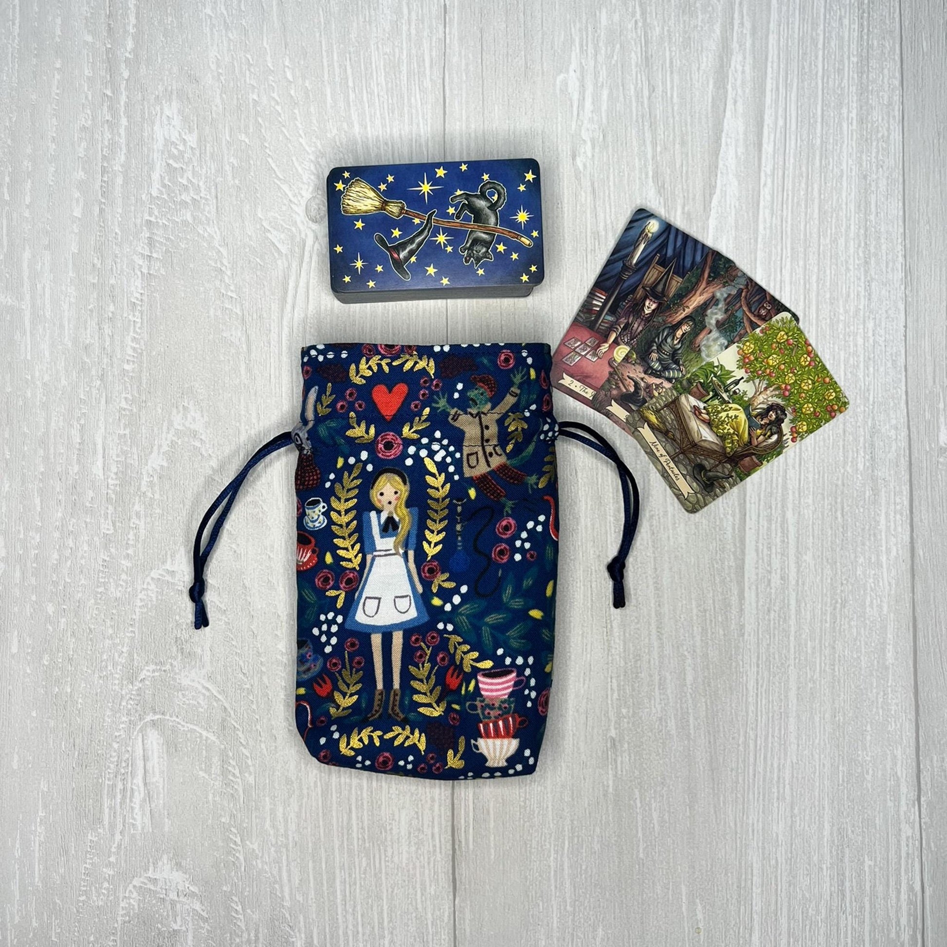 Mini Alice's Adventures in Wonderland Tarot Bag, Wonderland Tarot Deck Bag, Cat White Rabbit Pocket Tarot Bag, Navy Blue Trinket Dice Bag