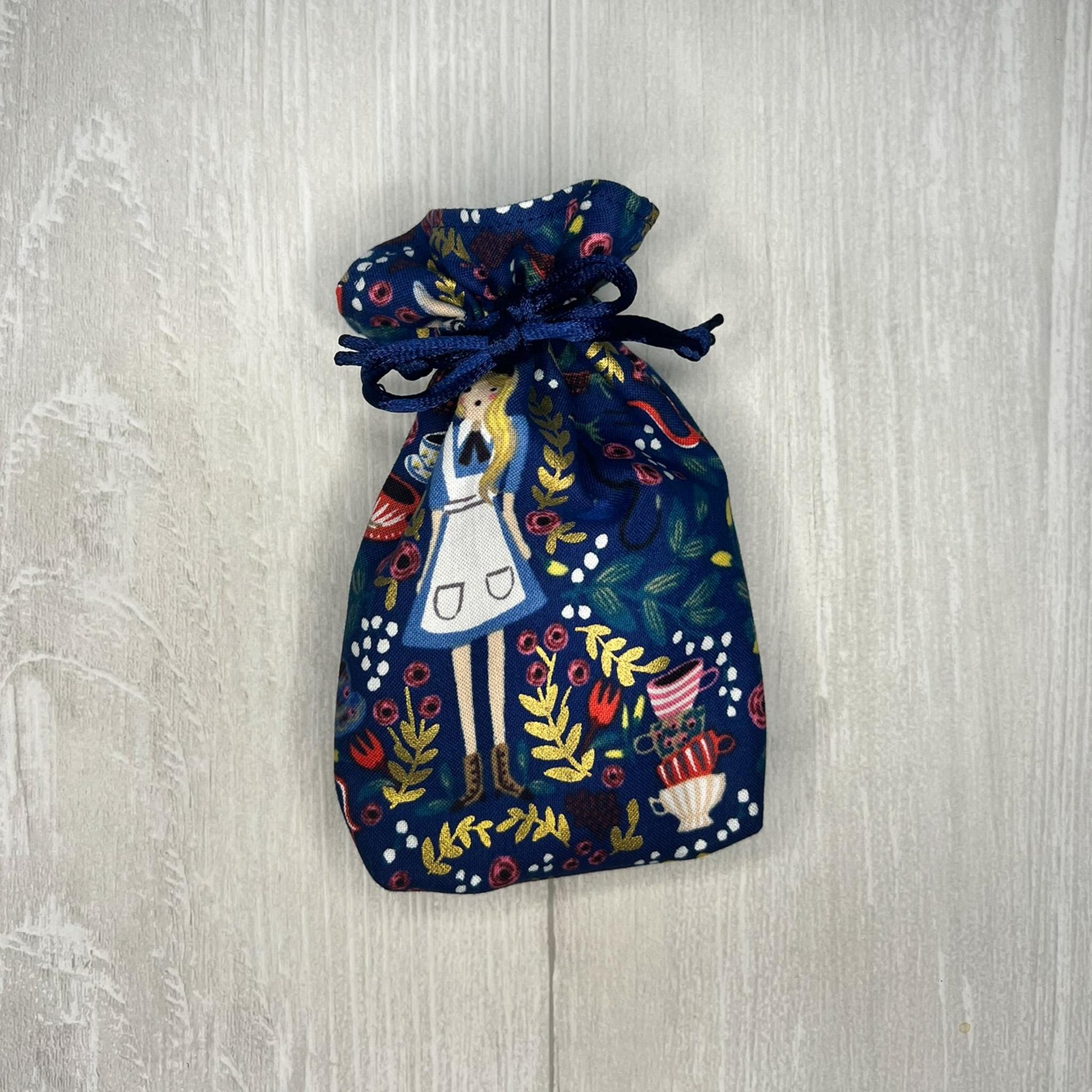 Mini Alice's Adventures in Wonderland Tarot Bag, Wonderland Tarot Deck Bag, Cat White Rabbit Pocket Tarot Bag, Navy Blue Trinket Dice Bag