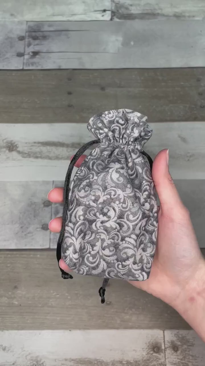 Mini Sized Gray Floral Scrolls Drawstring Bag