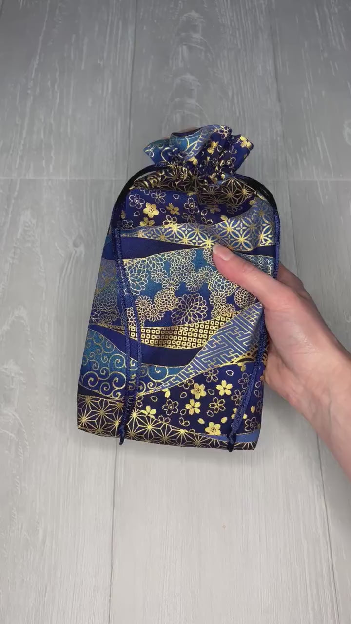 Large Blue & Gold Tarot Deck Bag, Blue Oracle Card Drawstring Pouch, Deck Storage Holder, Pagan Witchcraft Divination Tools and  Supplies
