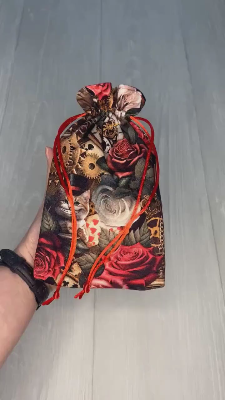 Wonderland Tarot Deck Bag, Alice's Adventures in Wonderland Tarot Bag, Cat White Rabbit Tarot, Red Tarot Pouch
