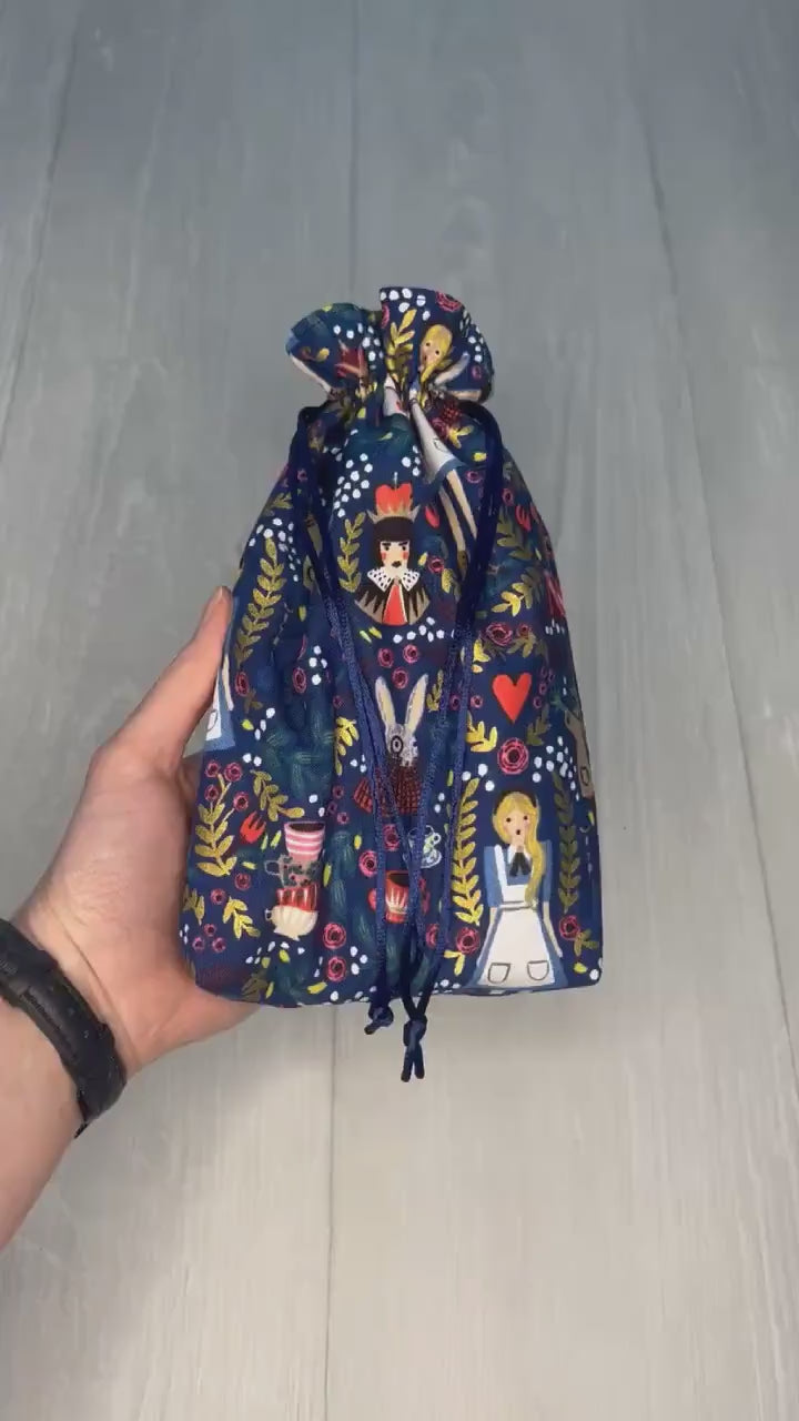 Alice's Adventures in Wonderland Tarot Bag, Wonderland Tarot Deck Bag, Cat White Rabbit Tarot, Navy Blue Tarot Bag
